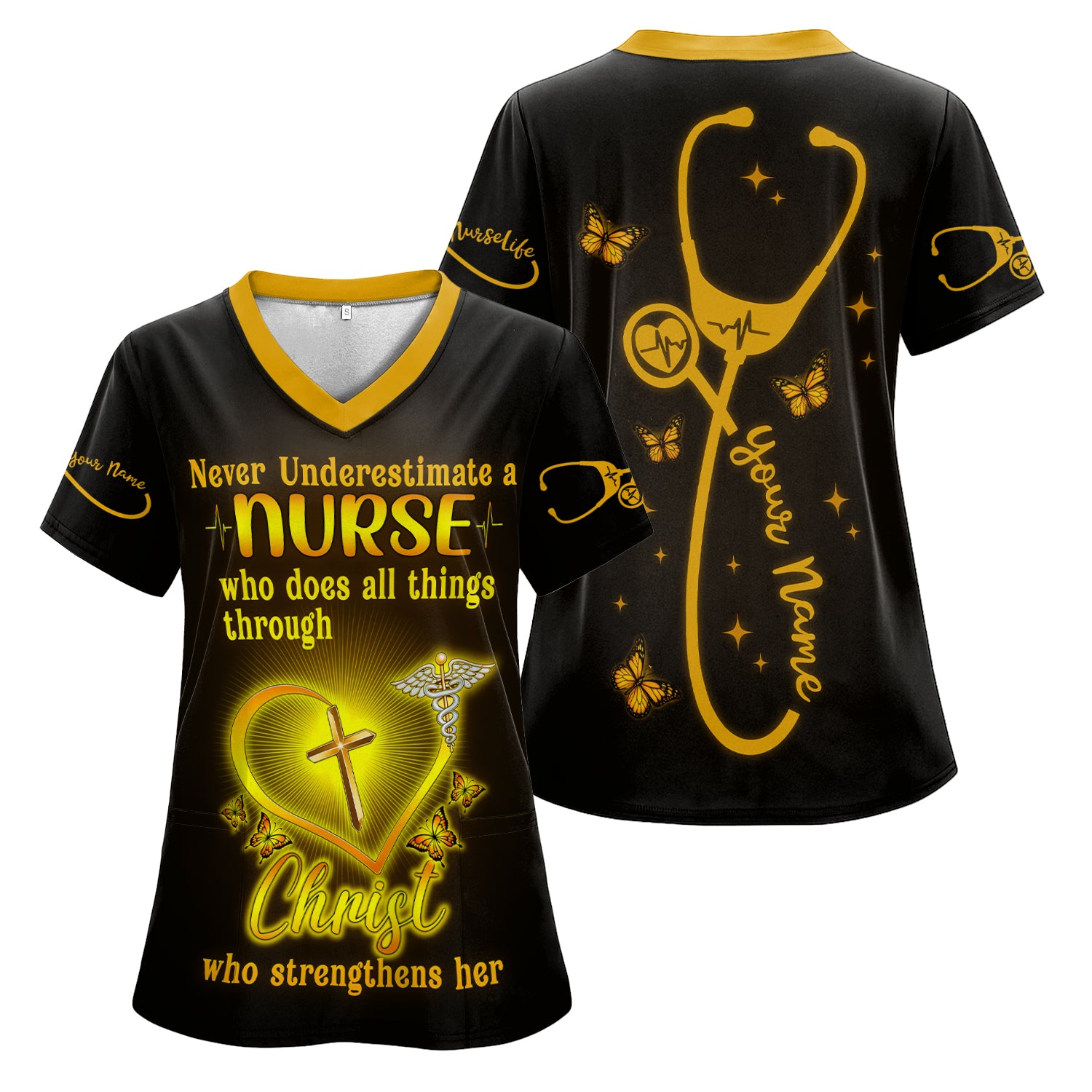 Personalized Christian Nurse Shirt for Women - All Things Through Christ with Cross & Butterflies - Custom Gift for RN LPN CNA Caregivers