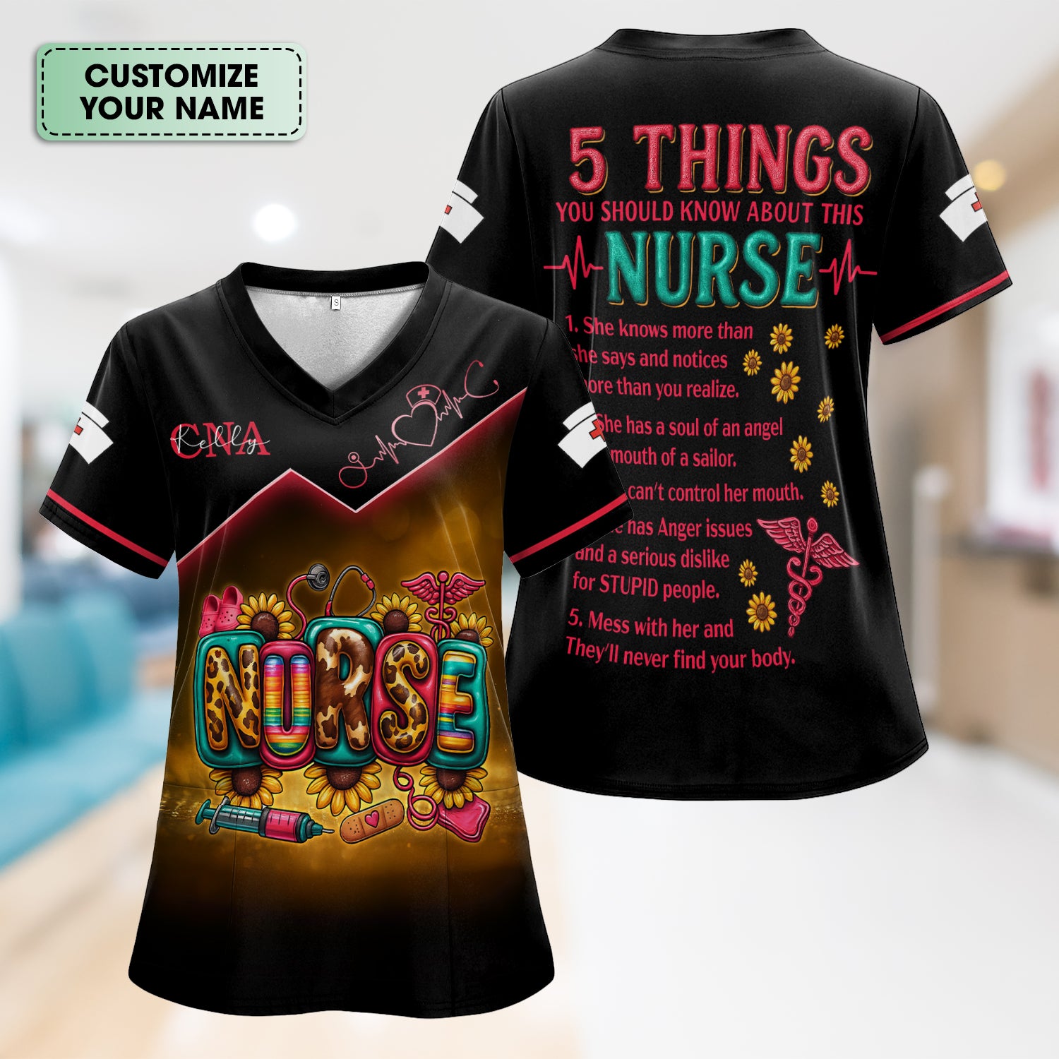 Personalized Nurse Scrub Top for Women - Bold Graphic & Funny Quote Design - Gift for RN, LPN, CNA