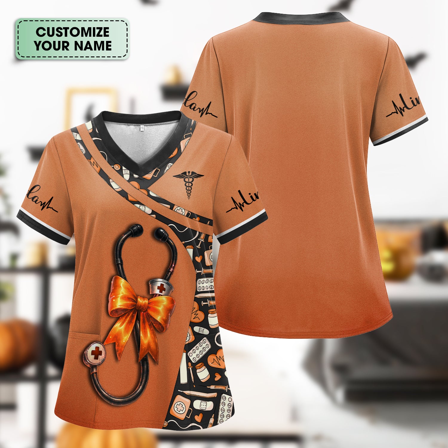Personalized Halloween Nurse Shirt for Women - Stethoscope Scrub Top with Bow Design - Custom Name RN LPN CNA Gift
