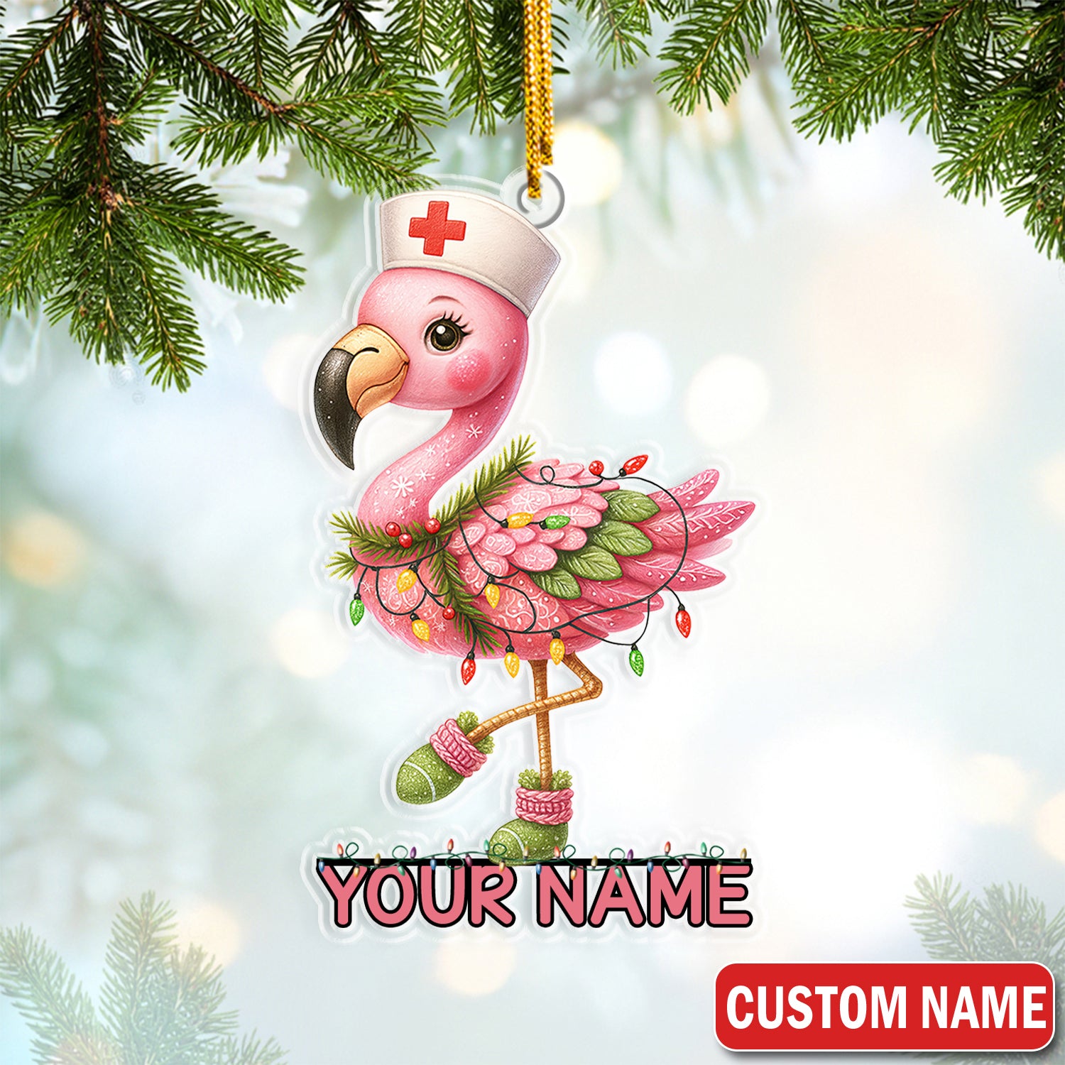 Personalized Flamingo Nurse Christmas Ornament - Cute Pink Nursing Gift for Women, Medical Staff, CNA LPN RN