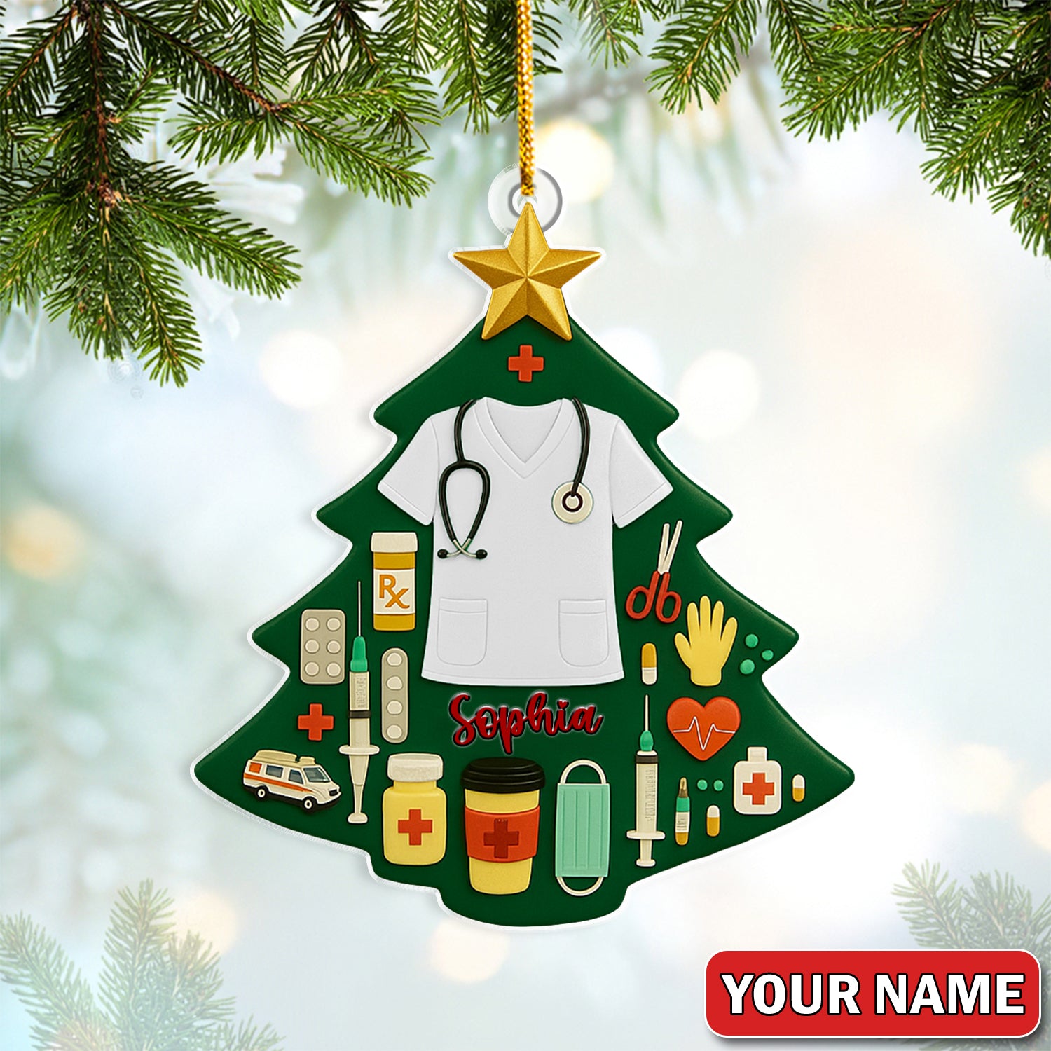 Personalized Nurse Christmas Tree Ornament – Custom Name Medical Scrubs Holiday Decor – Cute Doctor & Healthcare Worker Gift