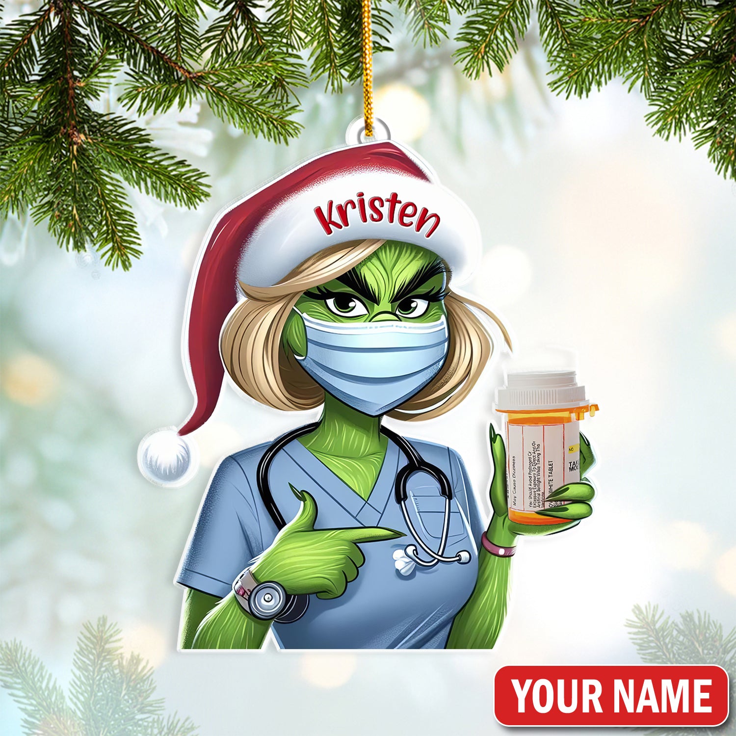 Custom Funny Pharmacist Christmas Ornament, Green Monster Nurse Holding Pill Design, RN LPN CNA Gift