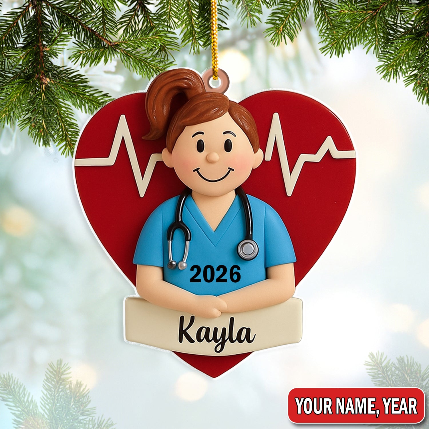 Personalized Nurse Graduate Christmas Ornament – Custom Name Heartbeat Scrub Girl Decor – Cute Healthcare Worker Holiday Gift