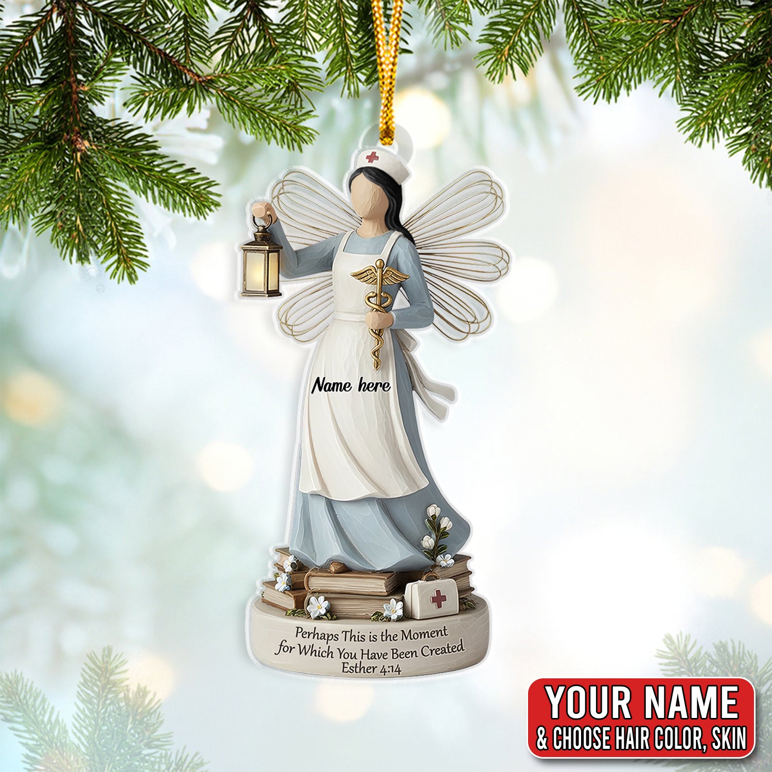 Personalized Nurse Angel Ornament, Custom Name Christian Esther 4:14 Scripture Gift, Healthcare Worker Christmas Tree Decor