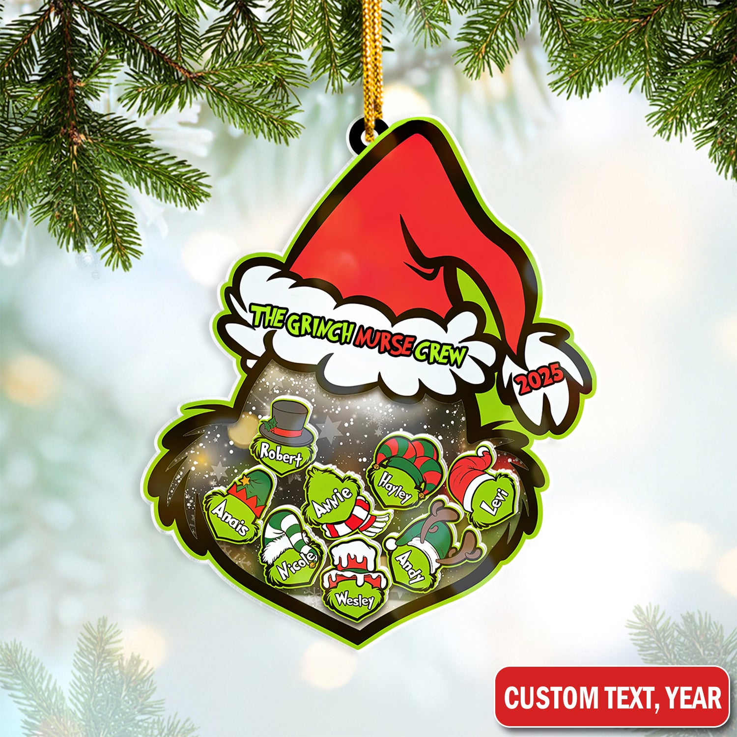 Personalized Grinch Nurse Crew Ornament, Christmas Tree Decoration, Funny Holiday Gift for RN LPN CNA