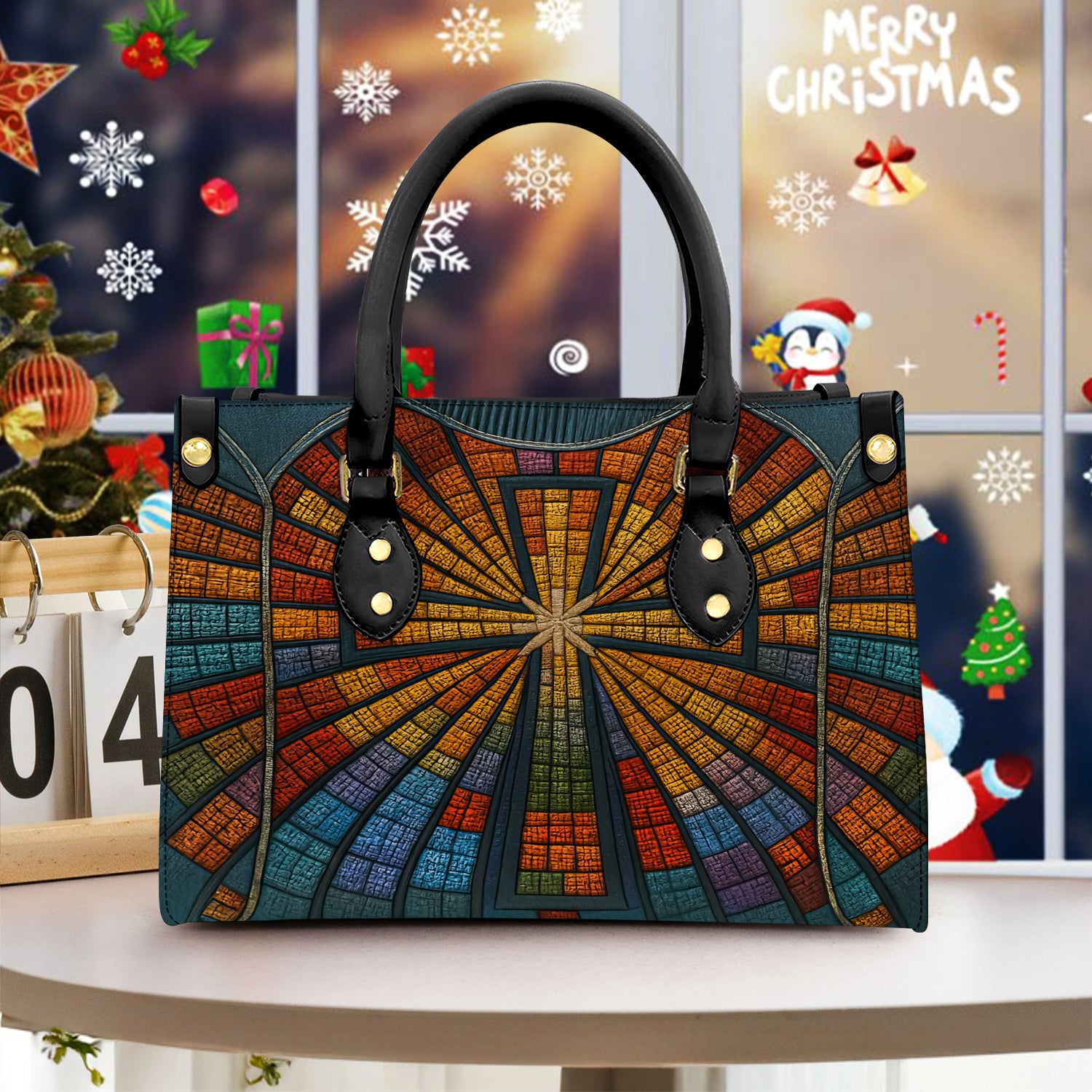 Stained Glass Cross Handbag for Women, Christian Tote Purse with Colorful Church Window Design, Religious Faith Bag Gift