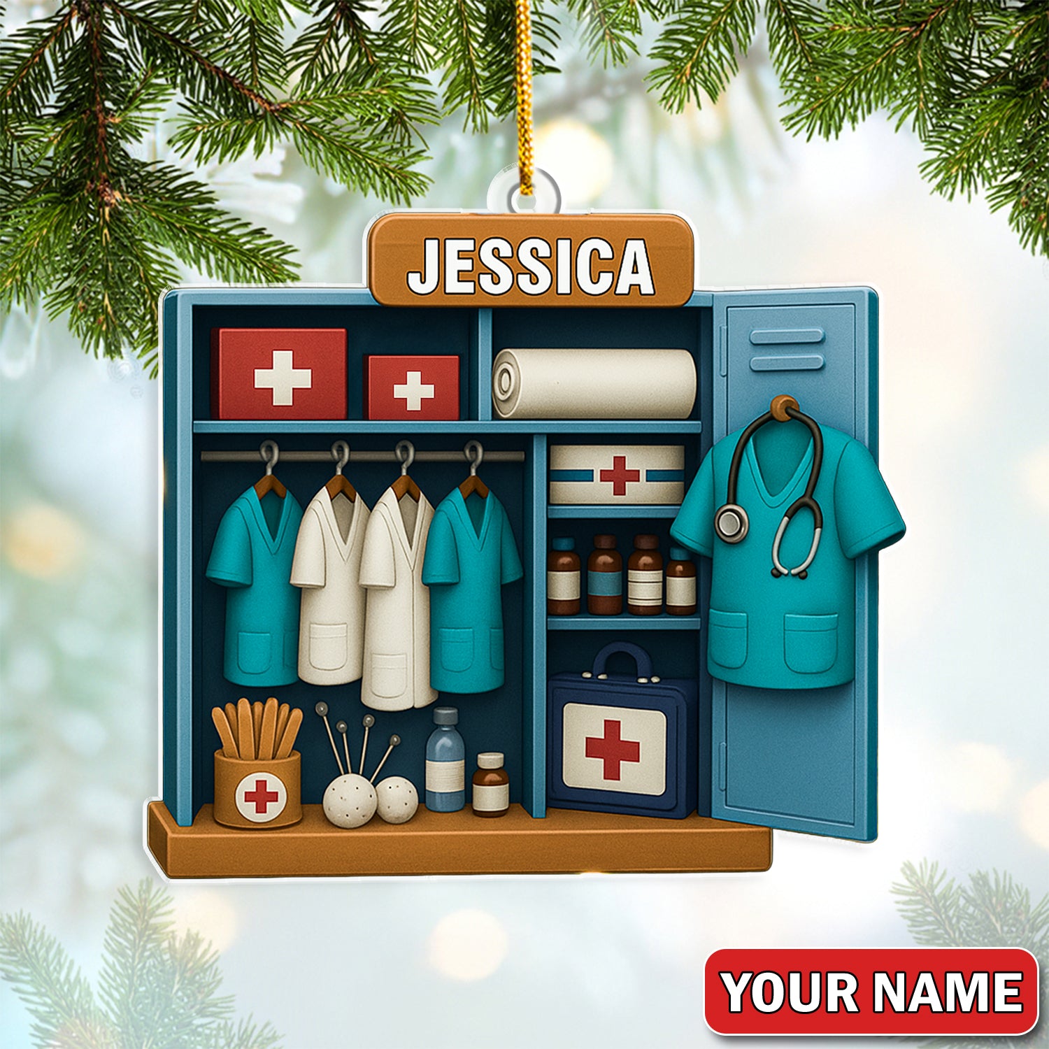 Personalized Nurse Locker Christmas Ornament – Custom Name Medical Scrubs & First Aid Cabinet Holiday Decor – Cute Doctor Ornament for Healthcare Workers