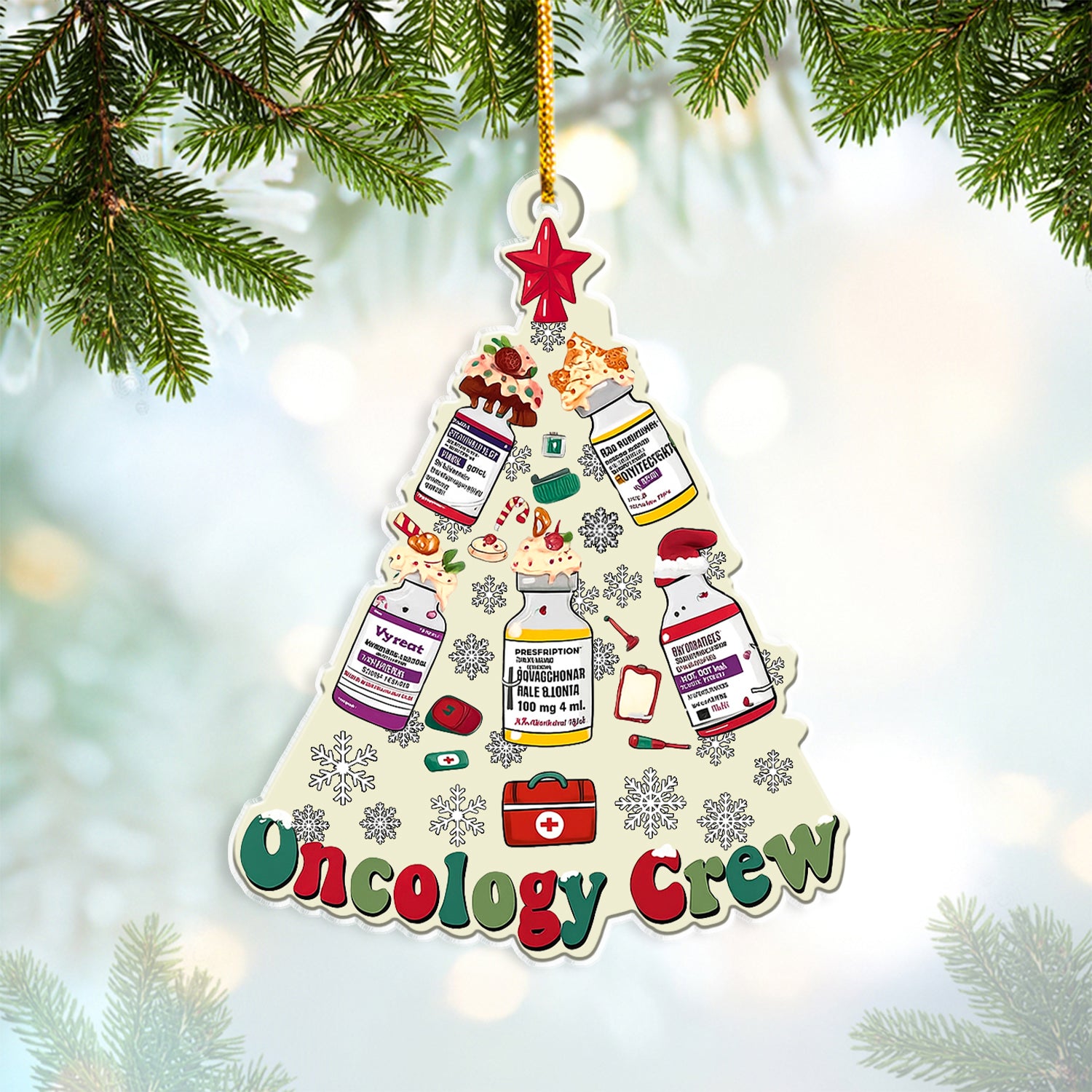 Oncology Crew Christmas Tree Ornament – Chemo Meds Holiday Decor for Nurses, Oncologists & Healthcare Workers – Cute Oncology Unit Christmas Gift