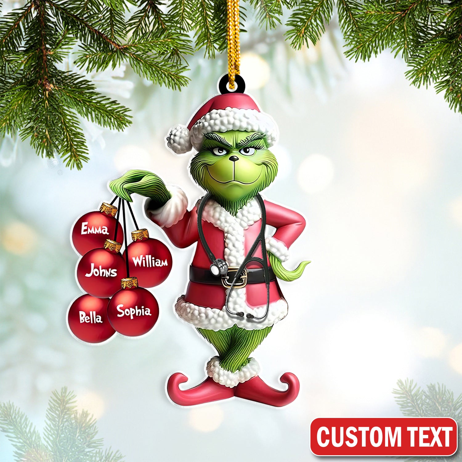 Personalized Grinch Nurse Ornament, Custom Christmas Tree Decoration, Gift for Healthcare Worker LPN CNA RN
