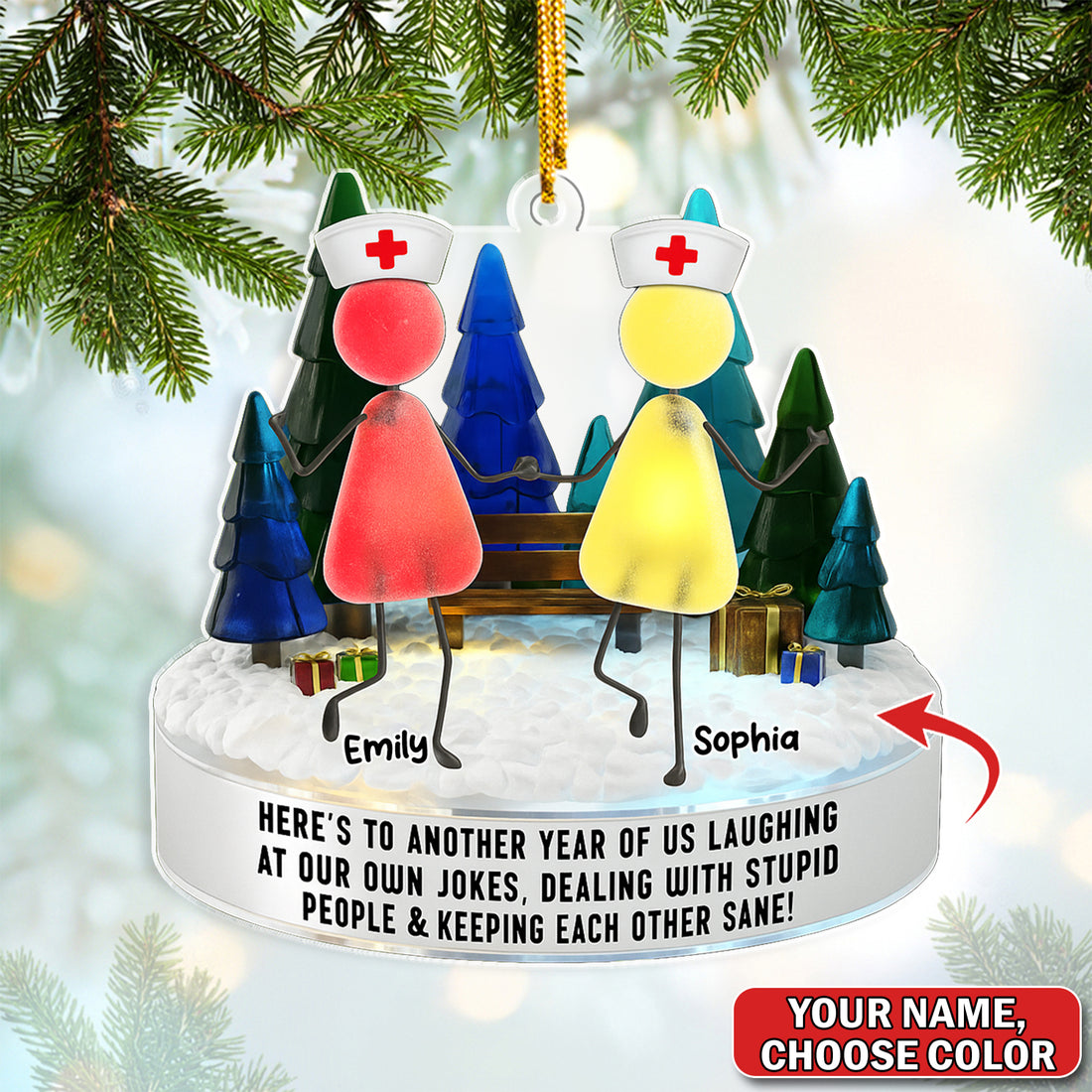 Personalized Nurse Besties Ornament, Custom Name Nursing Friends Christmas Gift, Funny Medical Staff Xmas Keepsake for Coworkers