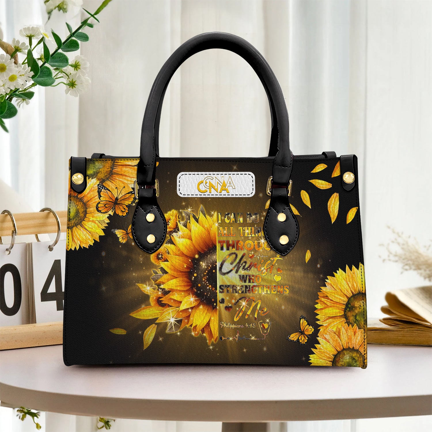 Christian CNA Nurse Leather Handbag, Bible Verse Sunflower Purse, LPN CNA RN Gift