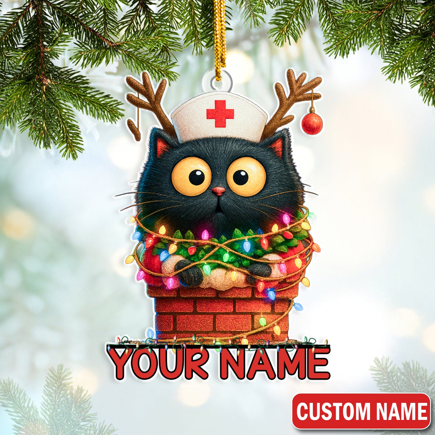 Personalized Cat Nurse Christmas Ornament - Funny Black Cat with Xmas Lights - Cute Holiday Gift for Nurses, Vet Techs & Cat Lovers