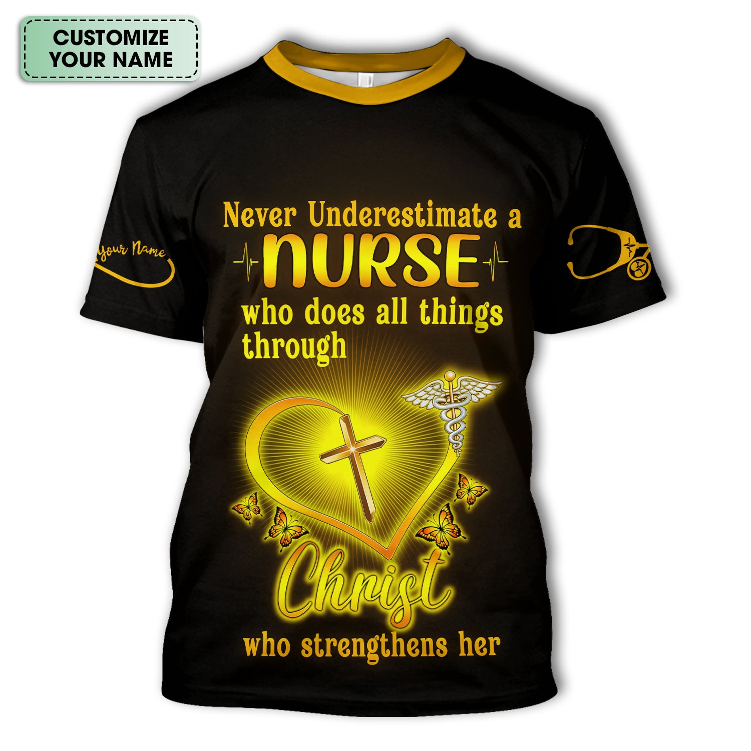 Personalized Christian Nurse Shirt for Women - All Things Through Christ with Cross & Butterflies - Custom Gift for RN LPN CNA Caregivers