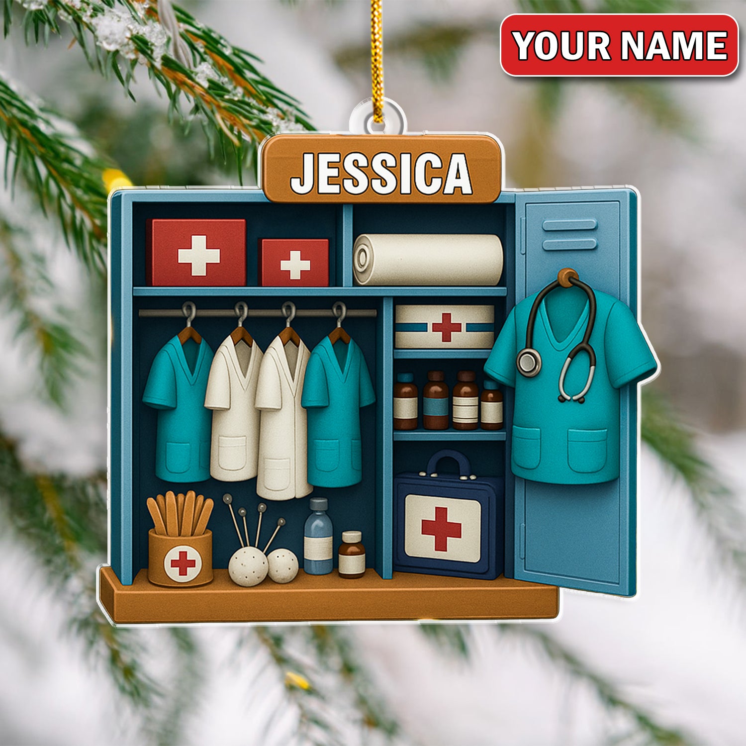 Personalized Nurse Locker Christmas Ornament – Custom Name Medical Scrubs & First Aid Cabinet Holiday Decor – Cute Doctor Ornament for Healthcare Workers