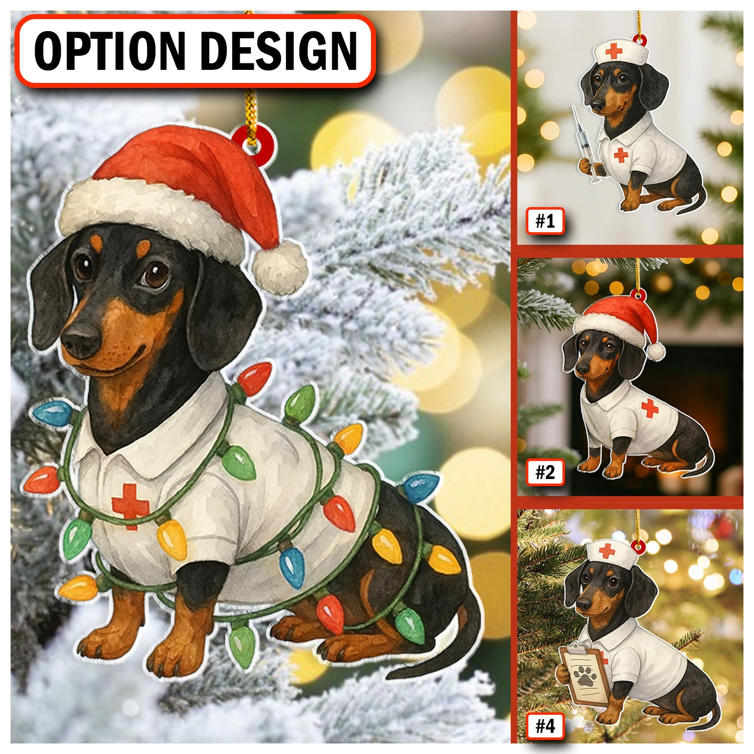 Dachshund Christmas Ornament - Cute Nurse Dog with Santa Hat & Holiday Lights - Custom Name Gift for Nurses, RNs, CNAs, Pet Lovers