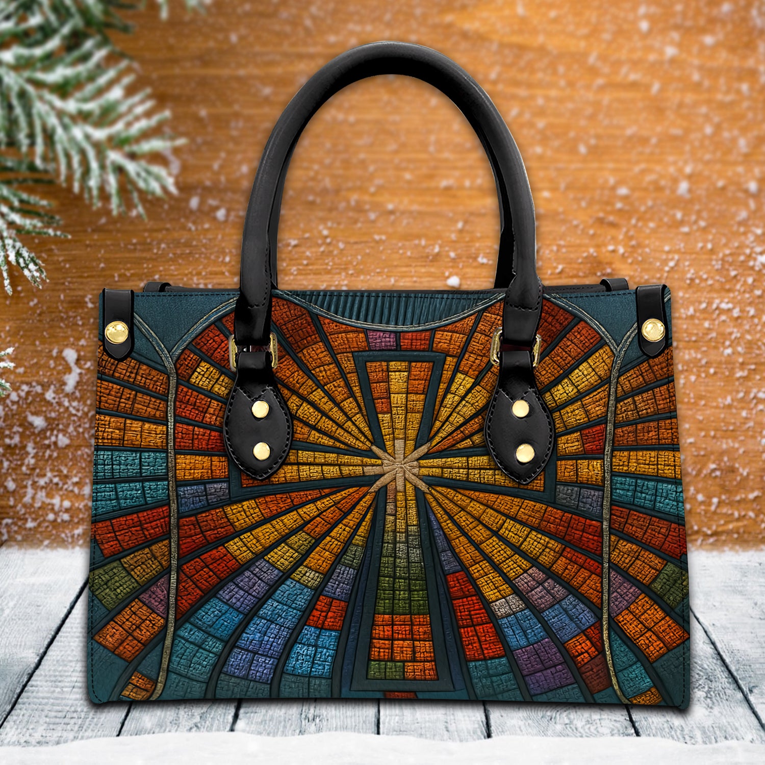 Stained Glass Cross Handbag for Women, Christian Tote Purse with Colorful Church Window Design, Religious Faith Bag Gift