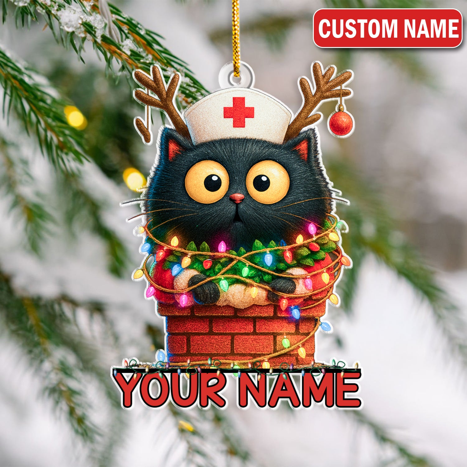 Personalized Cat Nurse Christmas Ornament - Funny Black Cat with Xmas Lights - Cute Holiday Gift for Nurses, Vet Techs & Cat Lovers