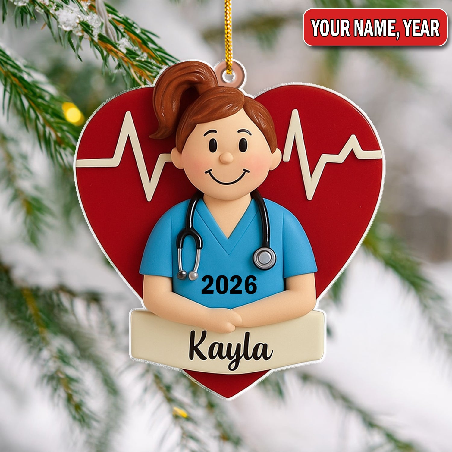 Personalized Nurse Graduate Christmas Ornament – Custom Name Heartbeat Scrub Girl Decor – Cute Healthcare Worker Holiday Gift