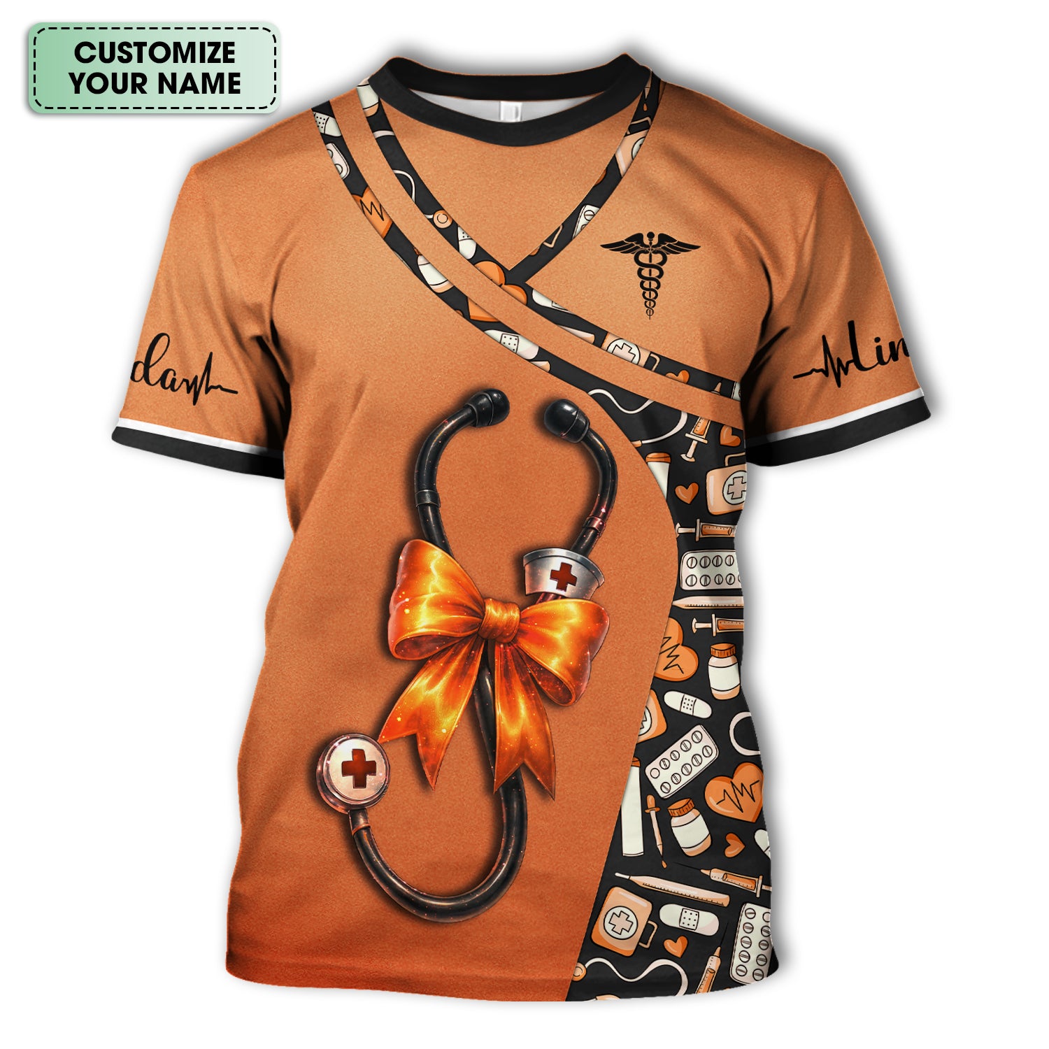 Personalized Halloween Nurse Shirt for Women - Stethoscope Scrub Top with Bow Design - Custom Name RN LPN CNA Gift