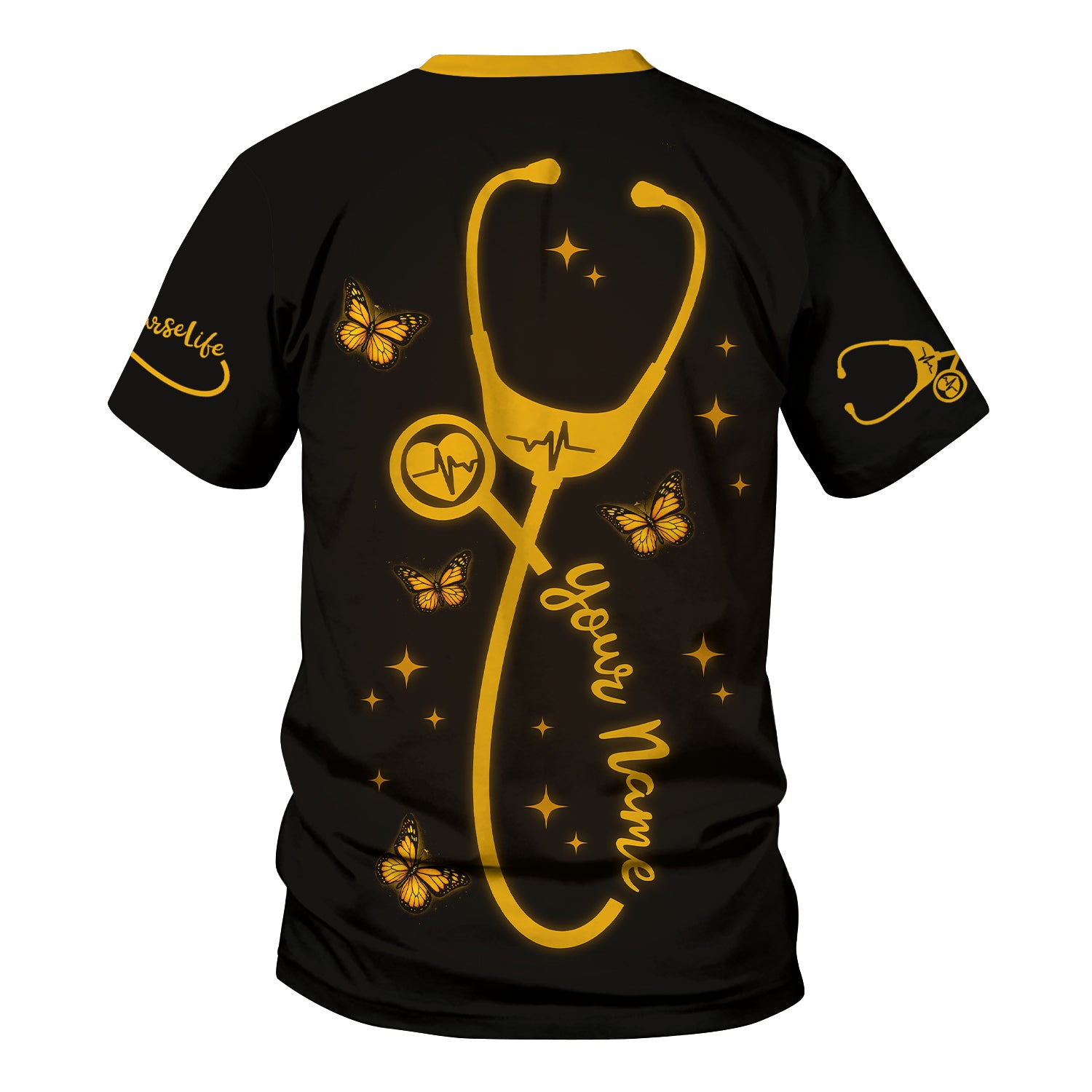 Personalized Christian Nurse Shirt for Women - All Things Through Christ with Cross & Butterflies - Custom Gift for RN LPN CNA Caregivers