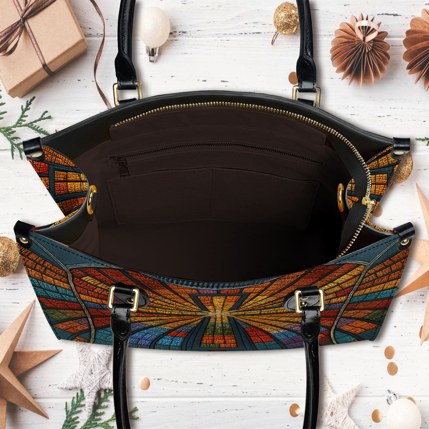 Stained Glass Cross Handbag for Women, Christian Tote Purse with Colorful Church Window Design, Religious Faith Bag Gift