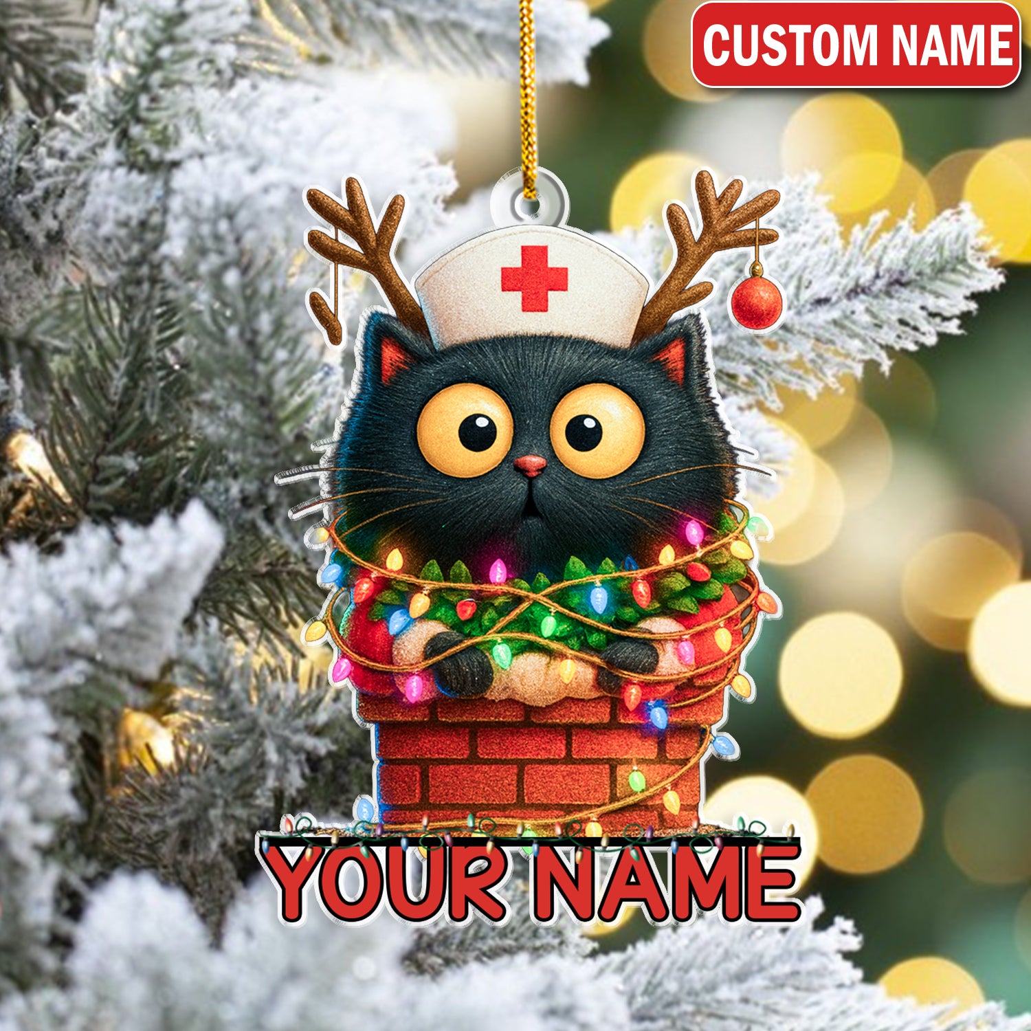 Personalized Cat Nurse Christmas Ornament - Funny Black Cat with Xmas Lights - Cute Holiday Gift for Nurses, Vet Techs & Cat Lovers