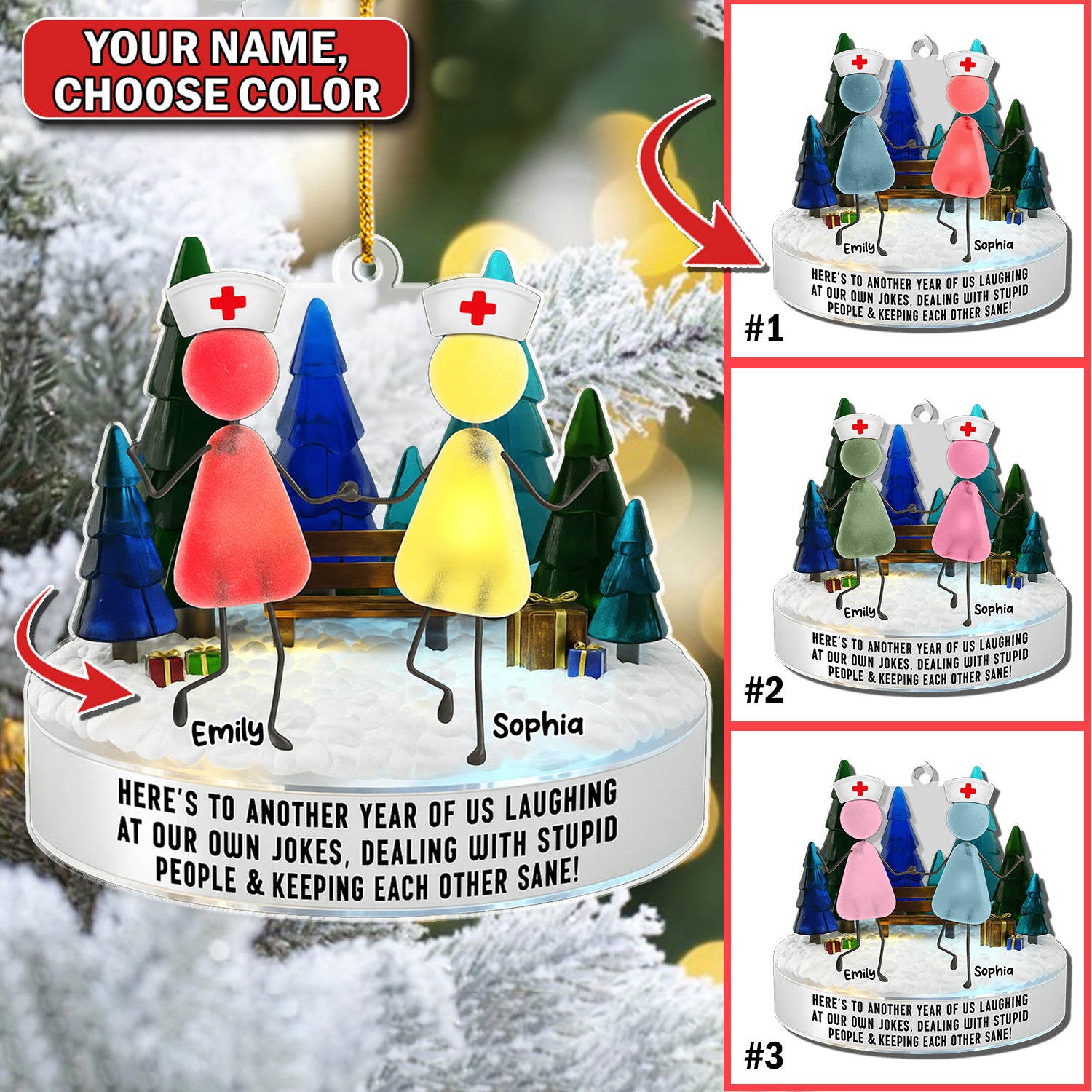Personalized Nurse Besties Ornament, Custom Name Nursing Friends Christmas Gift, Funny Medical Staff Xmas Keepsake for Coworkers