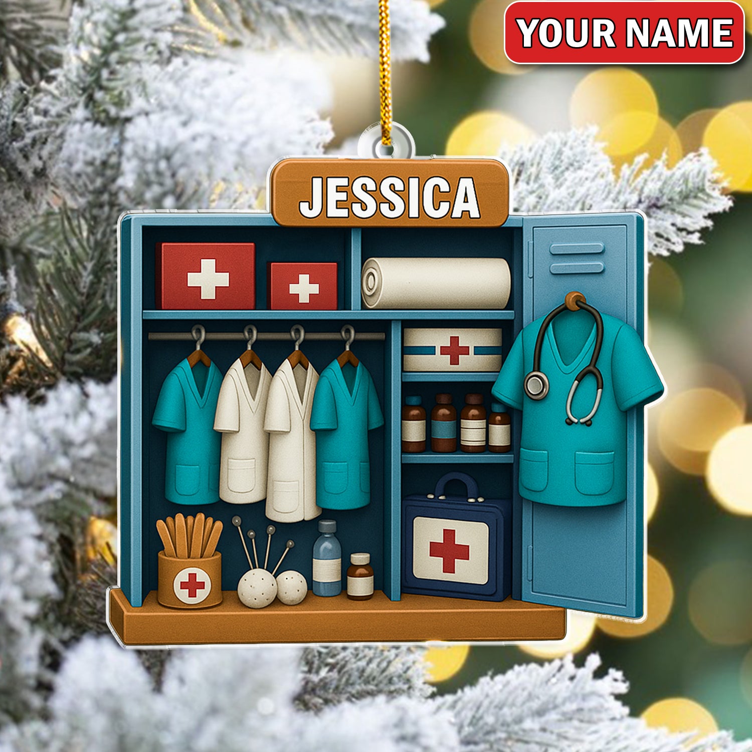Personalized Nurse Locker Christmas Ornament – Custom Name Medical Scrubs & First Aid Cabinet Holiday Decor – Cute Doctor Ornament for Healthcare Workers