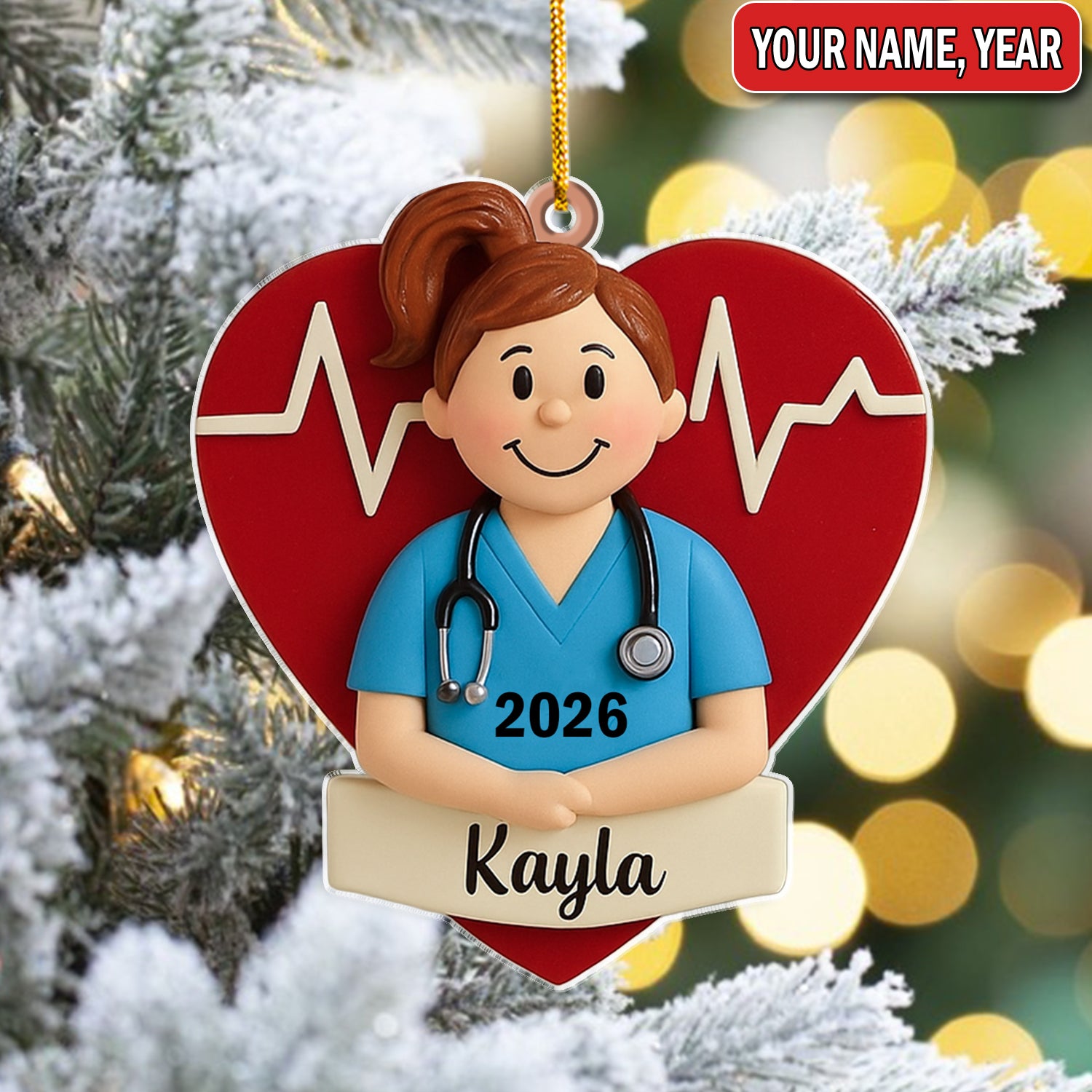 Personalized Nurse Graduate Christmas Ornament – Custom Name Heartbeat Scrub Girl Decor – Cute Healthcare Worker Holiday Gift