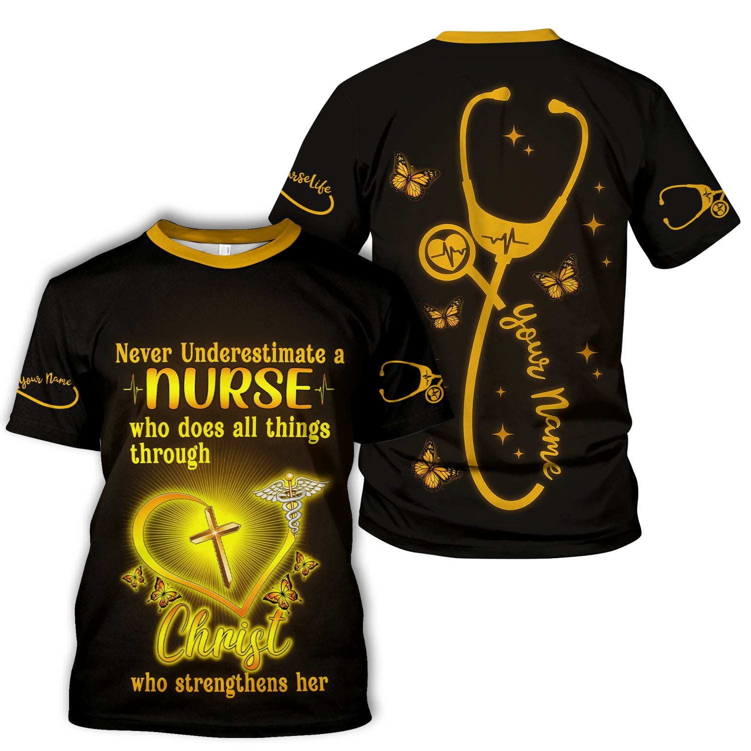 Personalized Christian Nurse Shirt for Women - All Things Through Christ with Cross & Butterflies - Custom Gift for RN LPN CNA Caregivers