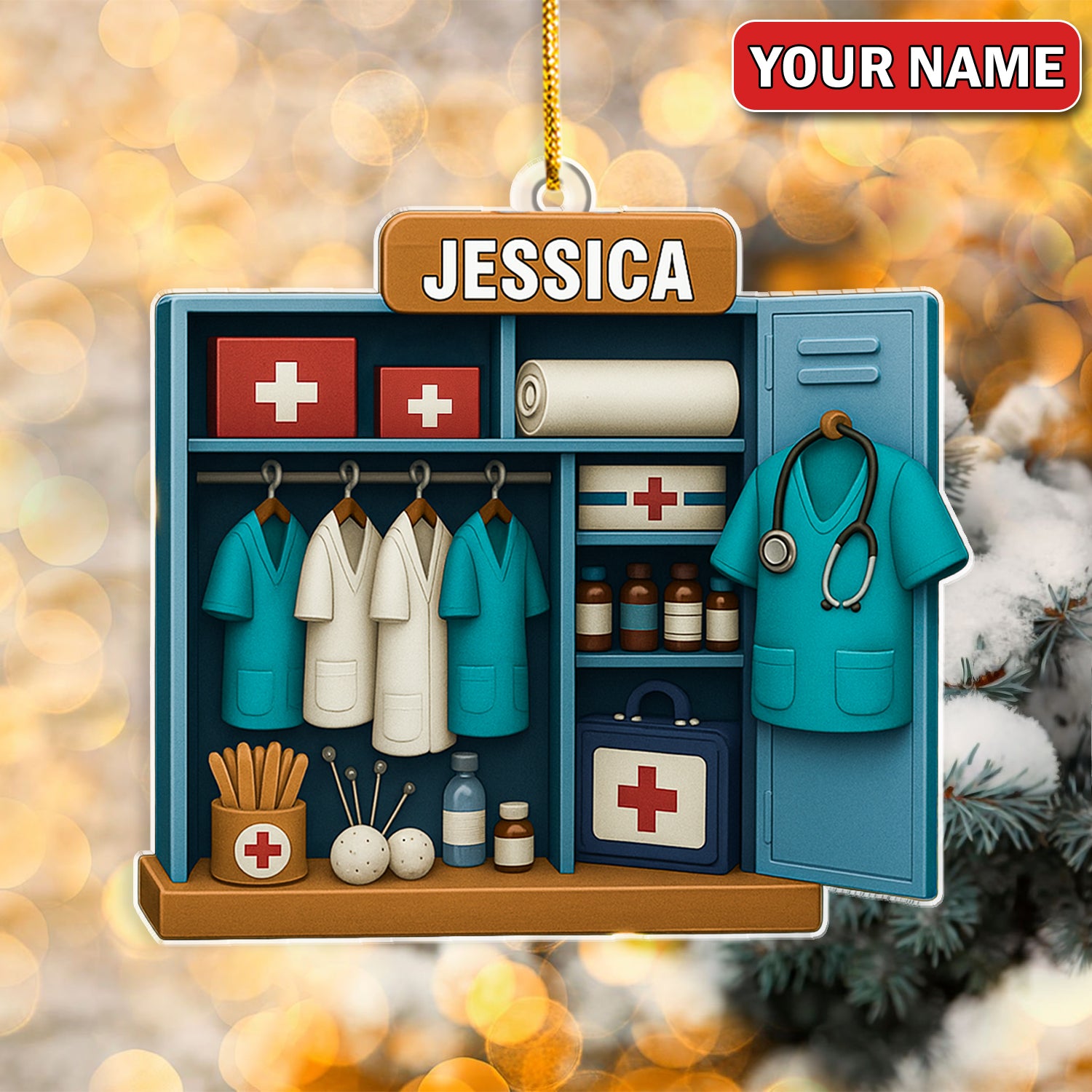 Personalized Nurse Locker Christmas Ornament – Custom Name Medical Scrubs & First Aid Cabinet Holiday Decor – Cute Doctor Ornament for Healthcare Workers