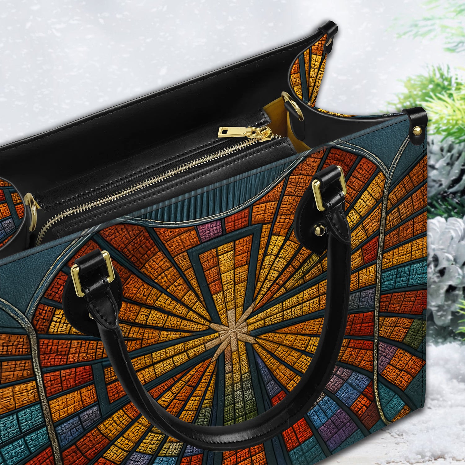 Stained Glass Cross Handbag for Women, Christian Tote Purse with Colorful Church Window Design, Religious Faith Bag Gift