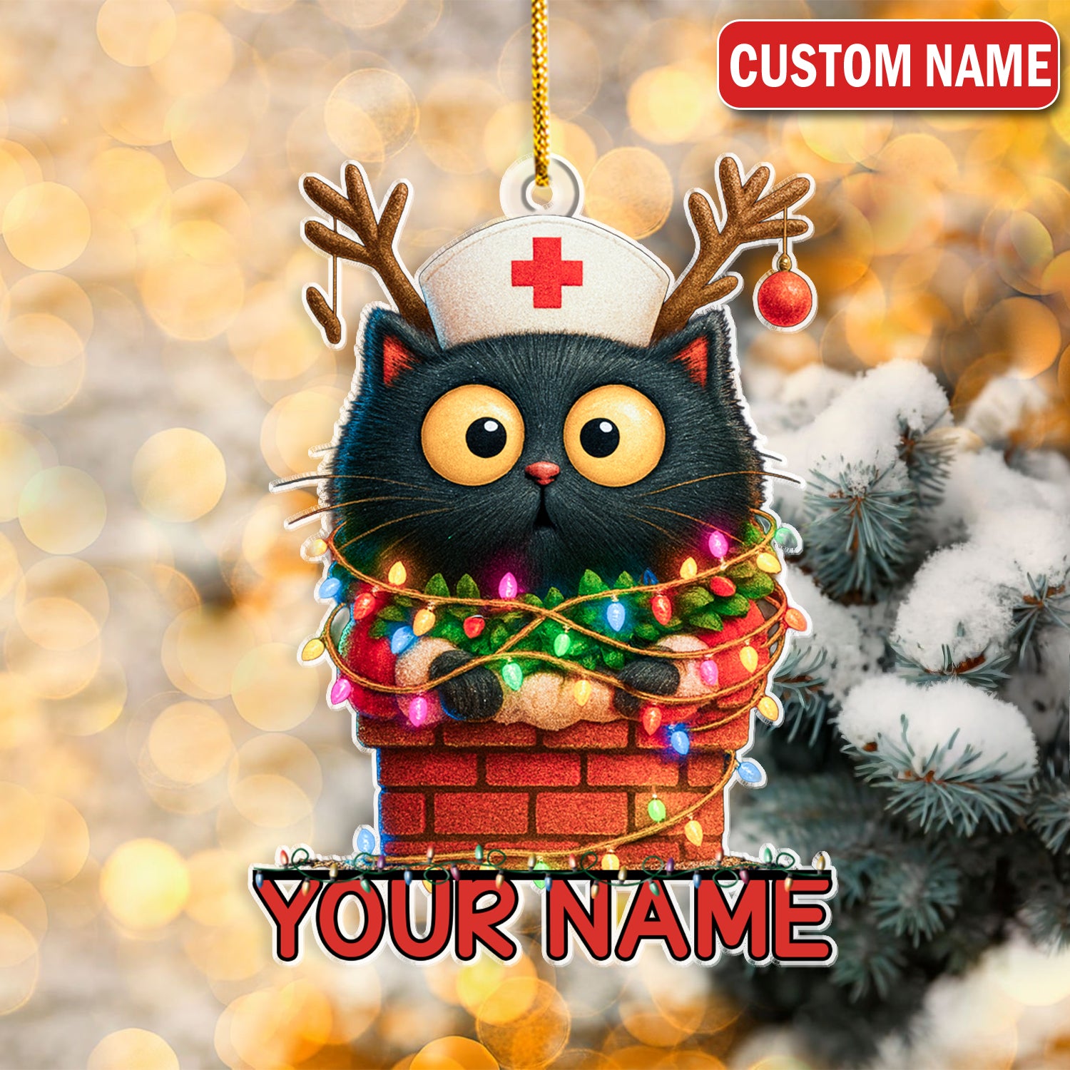 Personalized Cat Nurse Christmas Ornament - Funny Black Cat with Xmas Lights - Cute Holiday Gift for Nurses, Vet Techs & Cat Lovers