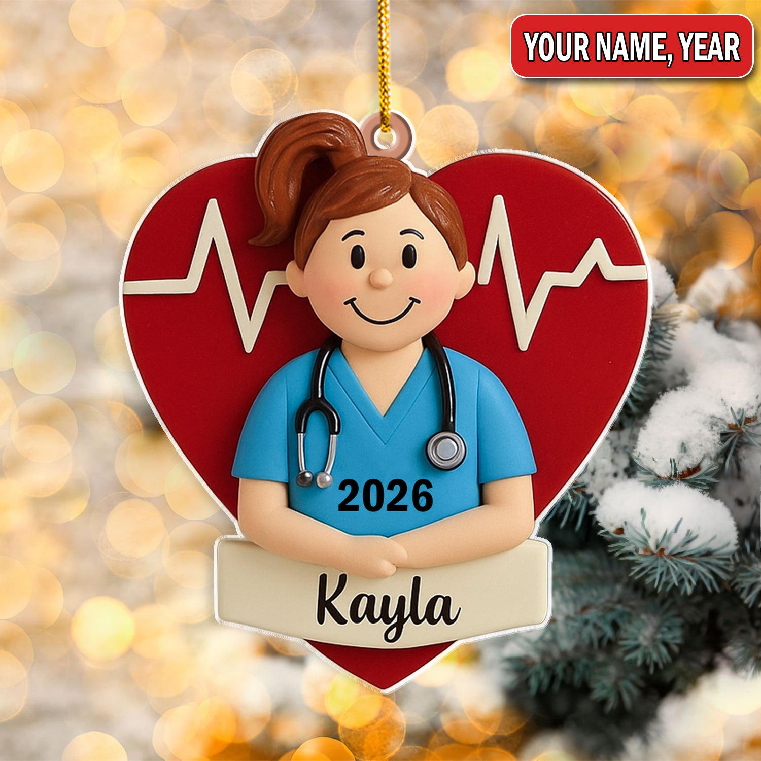 Personalized Nurse Graduate Christmas Ornament – Custom Name Heartbeat Scrub Girl Decor – Cute Healthcare Worker Holiday Gift