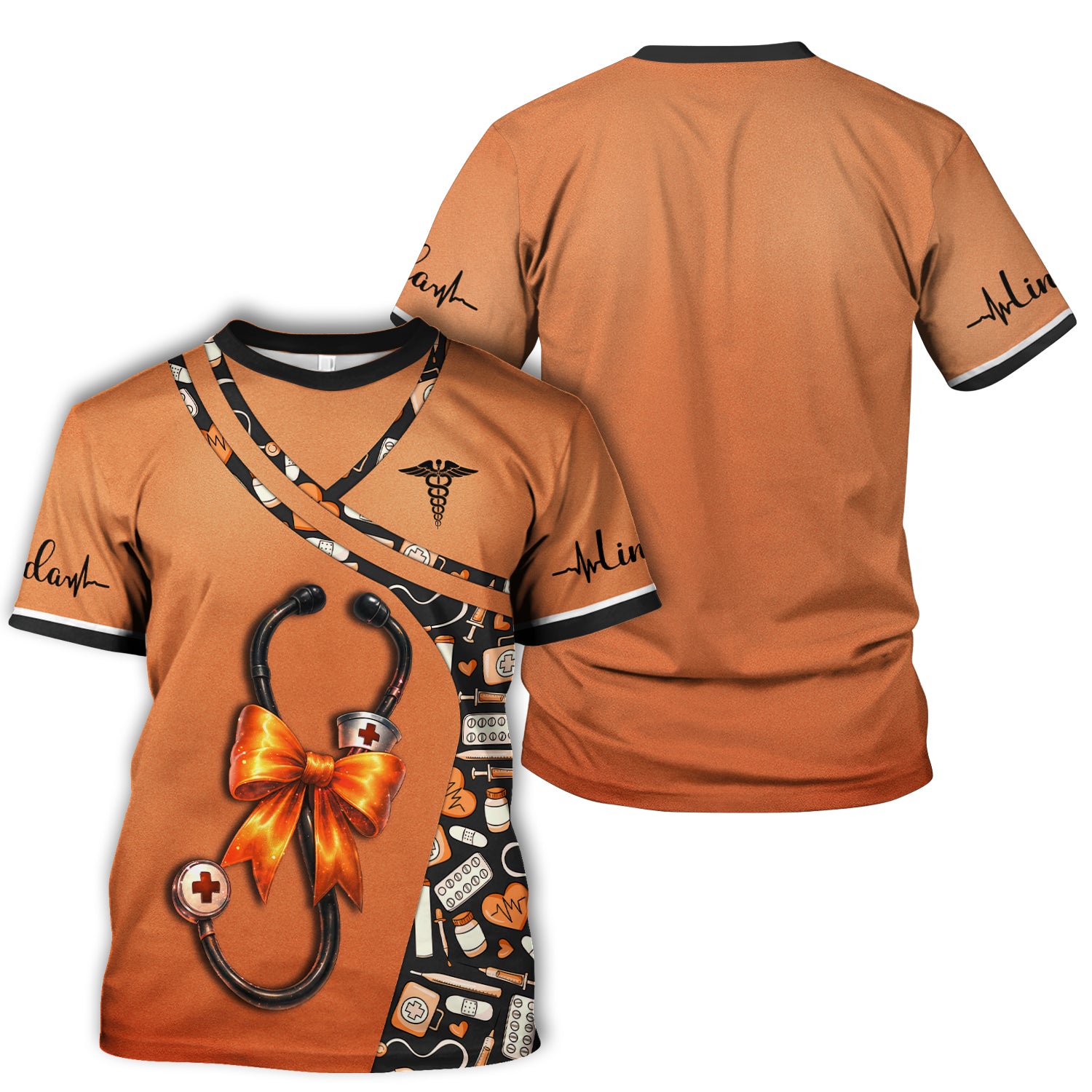 Personalized Halloween Nurse Shirt for Women - Stethoscope Scrub Top with Bow Design - Custom Name RN LPN CNA Gift