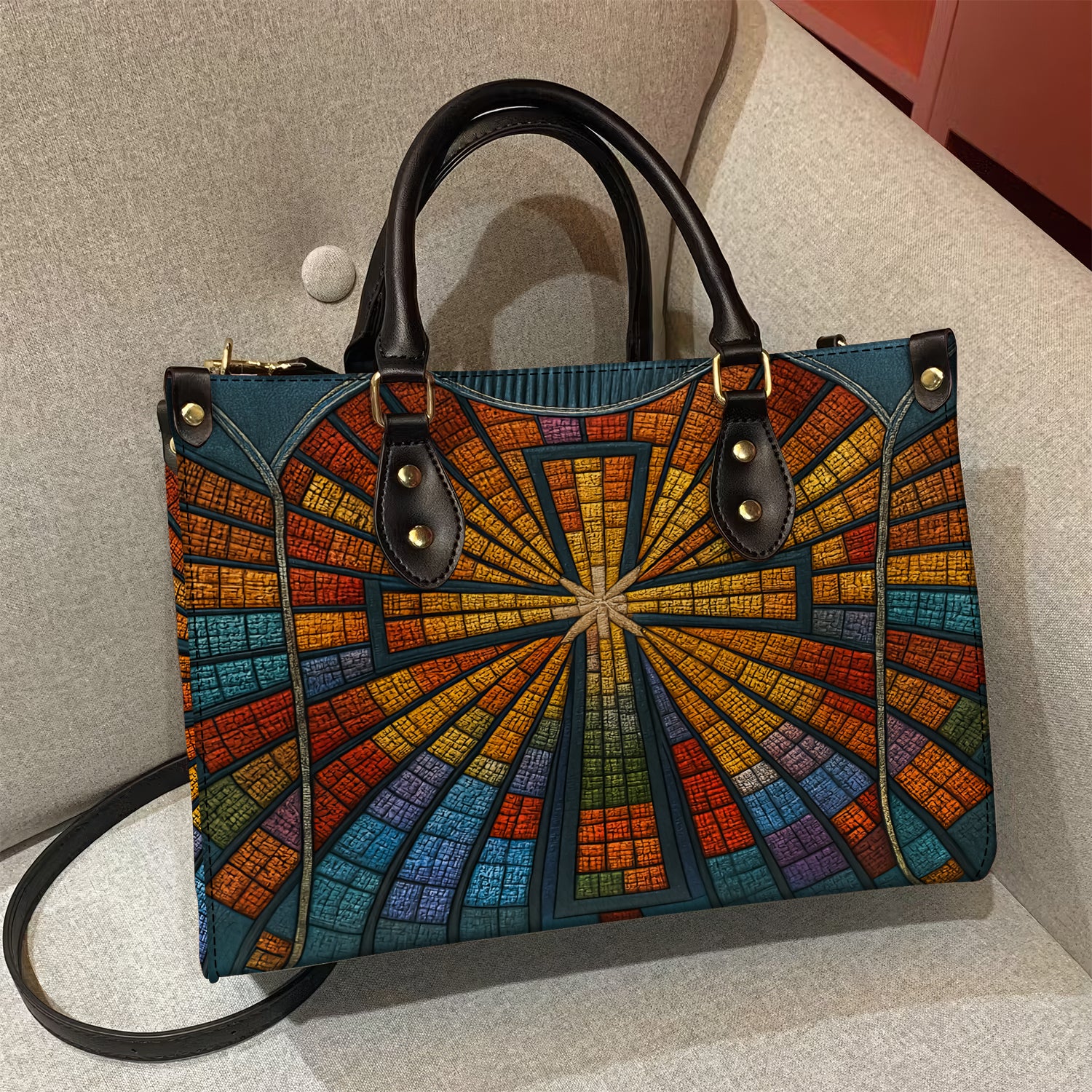 Stained Glass Cross Handbag for Women, Christian Tote Purse with Colorful Church Window Design, Religious Faith Bag Gift