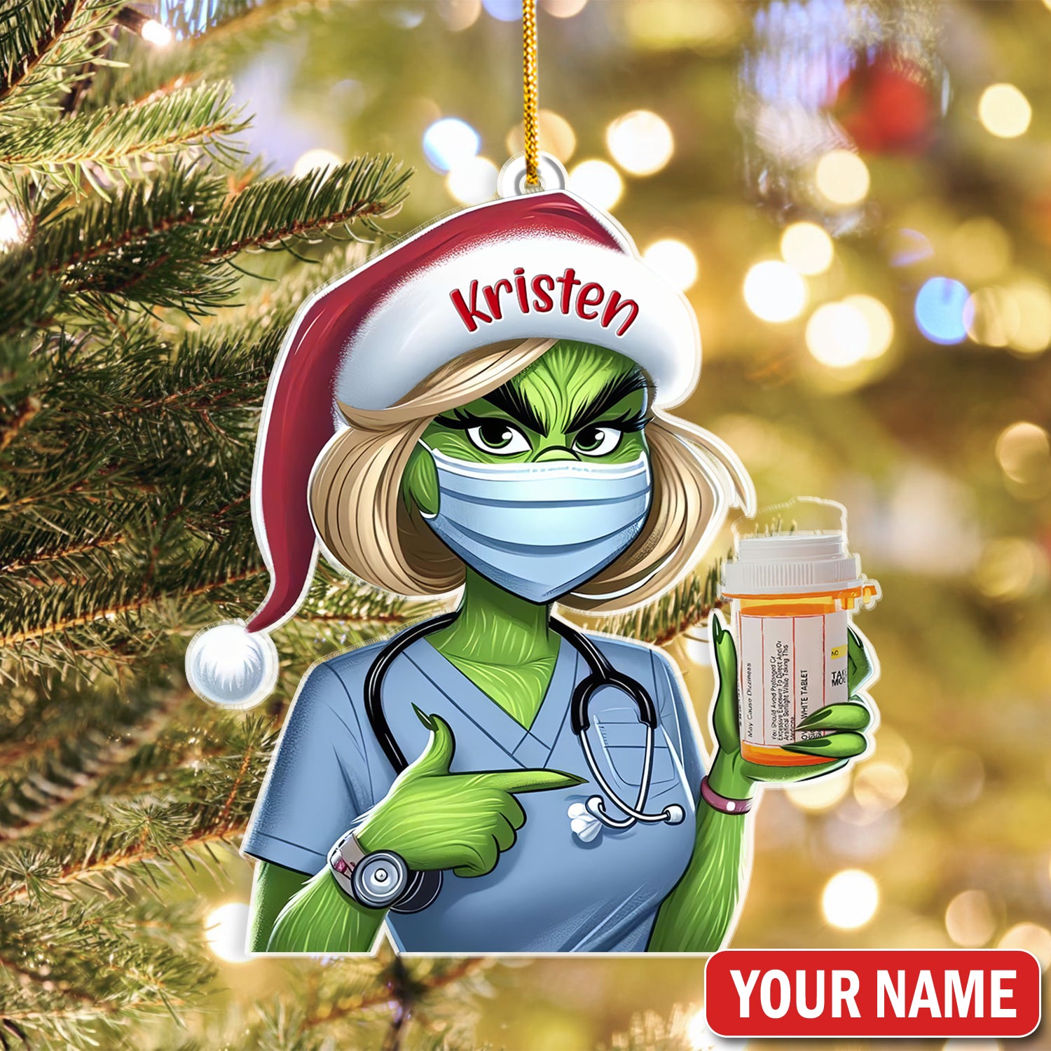 Custom Funny Pharmacist Christmas Ornament, Green Monster Nurse Holding Pill Design, RN LPN CNA Gift
