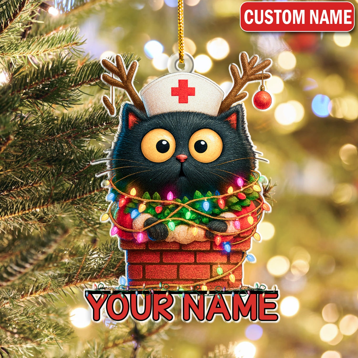 Personalized Cat Nurse Christmas Ornament - Funny Black Cat with Xmas Lights - Cute Holiday Gift for Nurses, Vet Techs & Cat Lovers