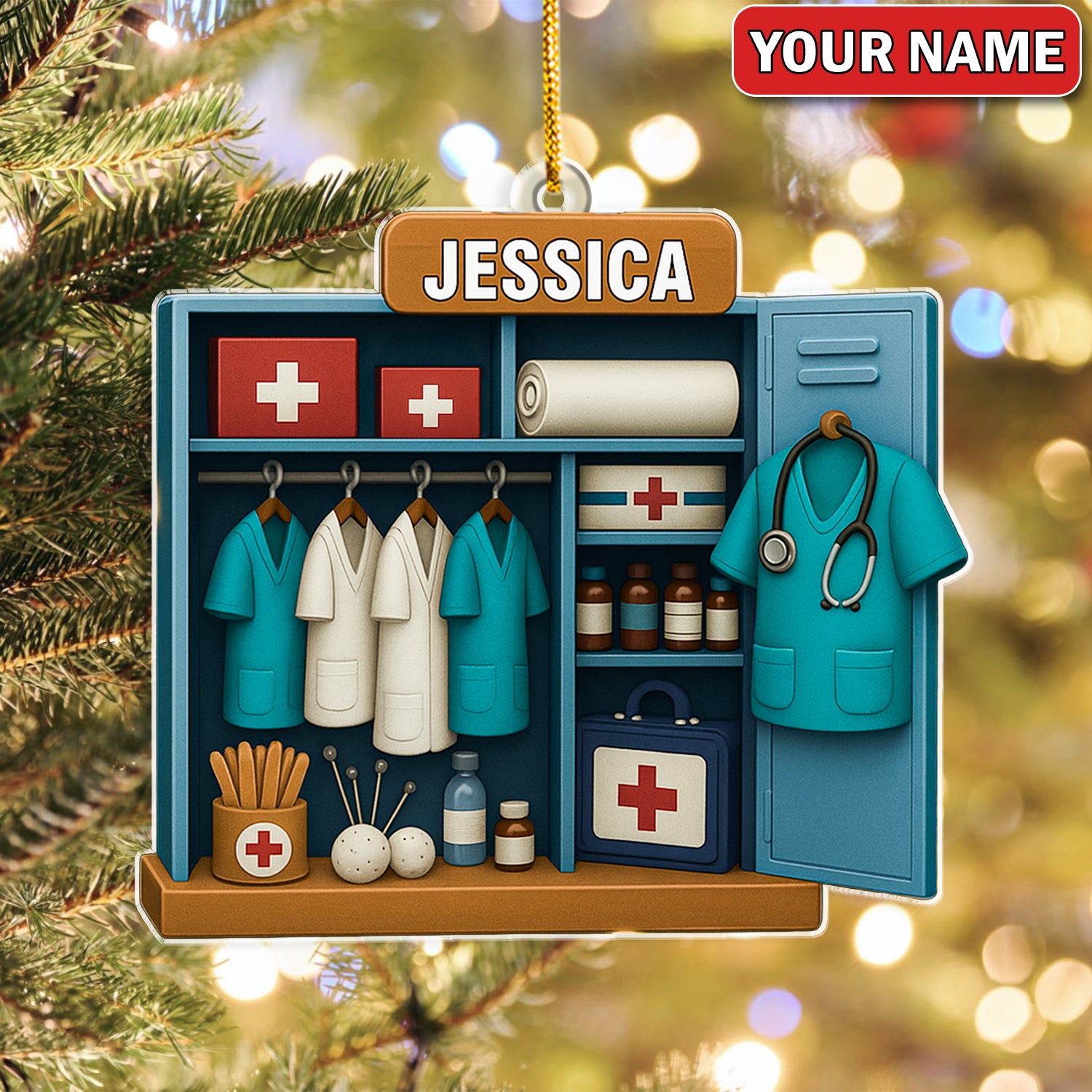 Personalized Nurse Locker Christmas Ornament – Custom Name Medical Scrubs & First Aid Cabinet Holiday Decor – Cute Doctor Ornament for Healthcare Workers