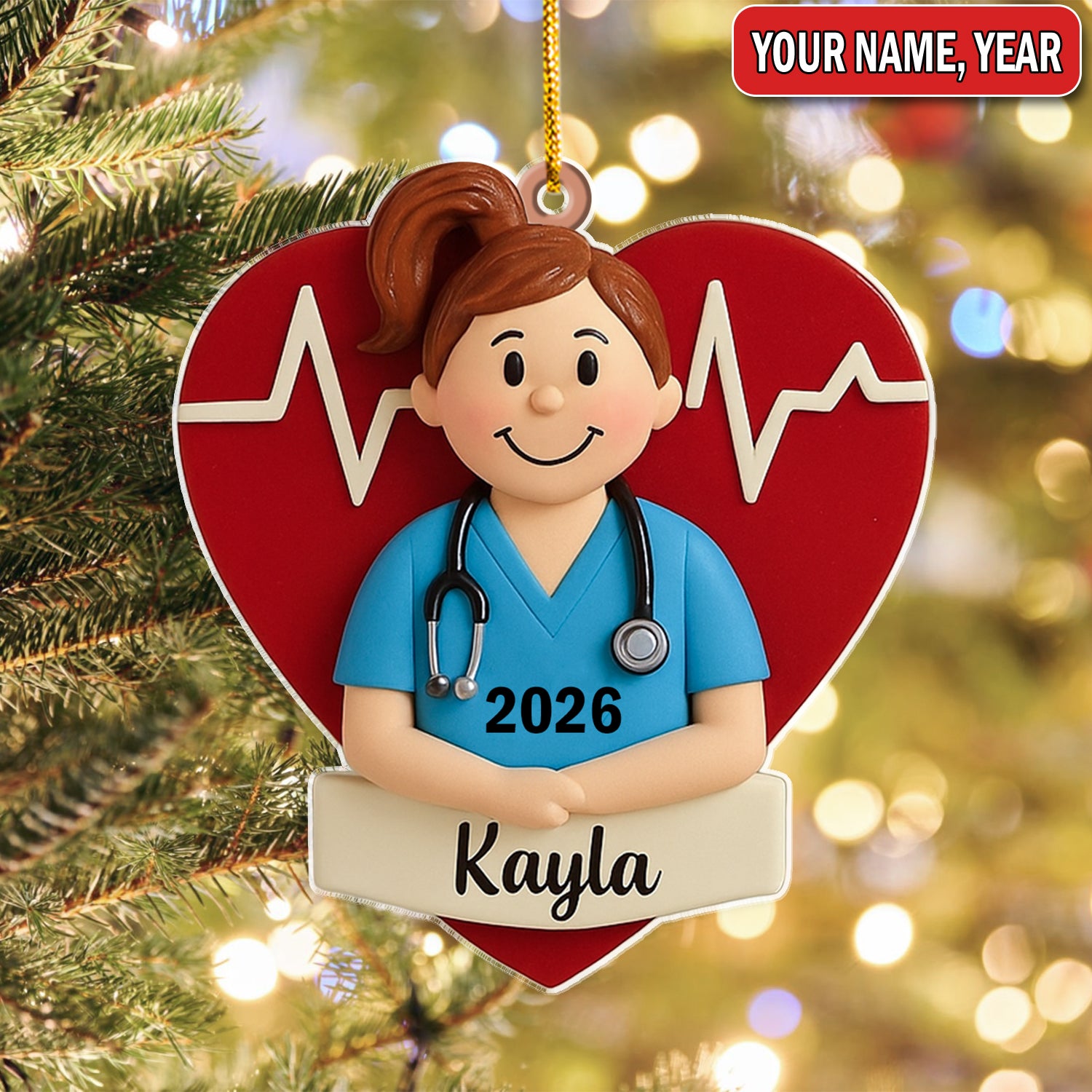 Personalized Nurse Graduate Christmas Ornament – Custom Name Heartbeat Scrub Girl Decor – Cute Healthcare Worker Holiday Gift