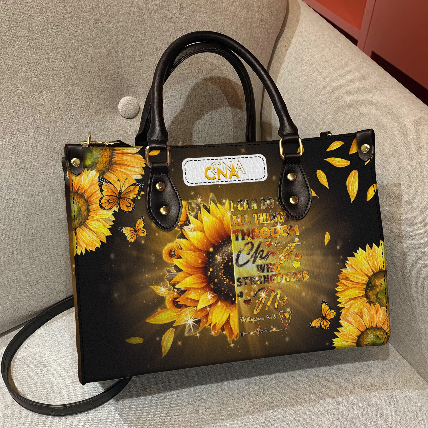 Christian CNA Nurse Leather Handbag, Bible Verse Sunflower Purse, LPN CNA RN Gift