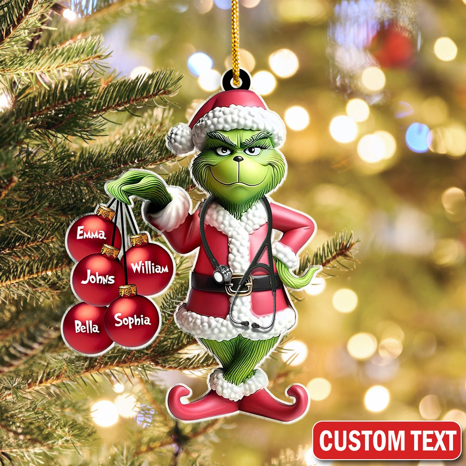 Personalized Grinch Nurse Ornament, Custom Christmas Tree Decoration, Gift for Healthcare Worker LPN CNA RN