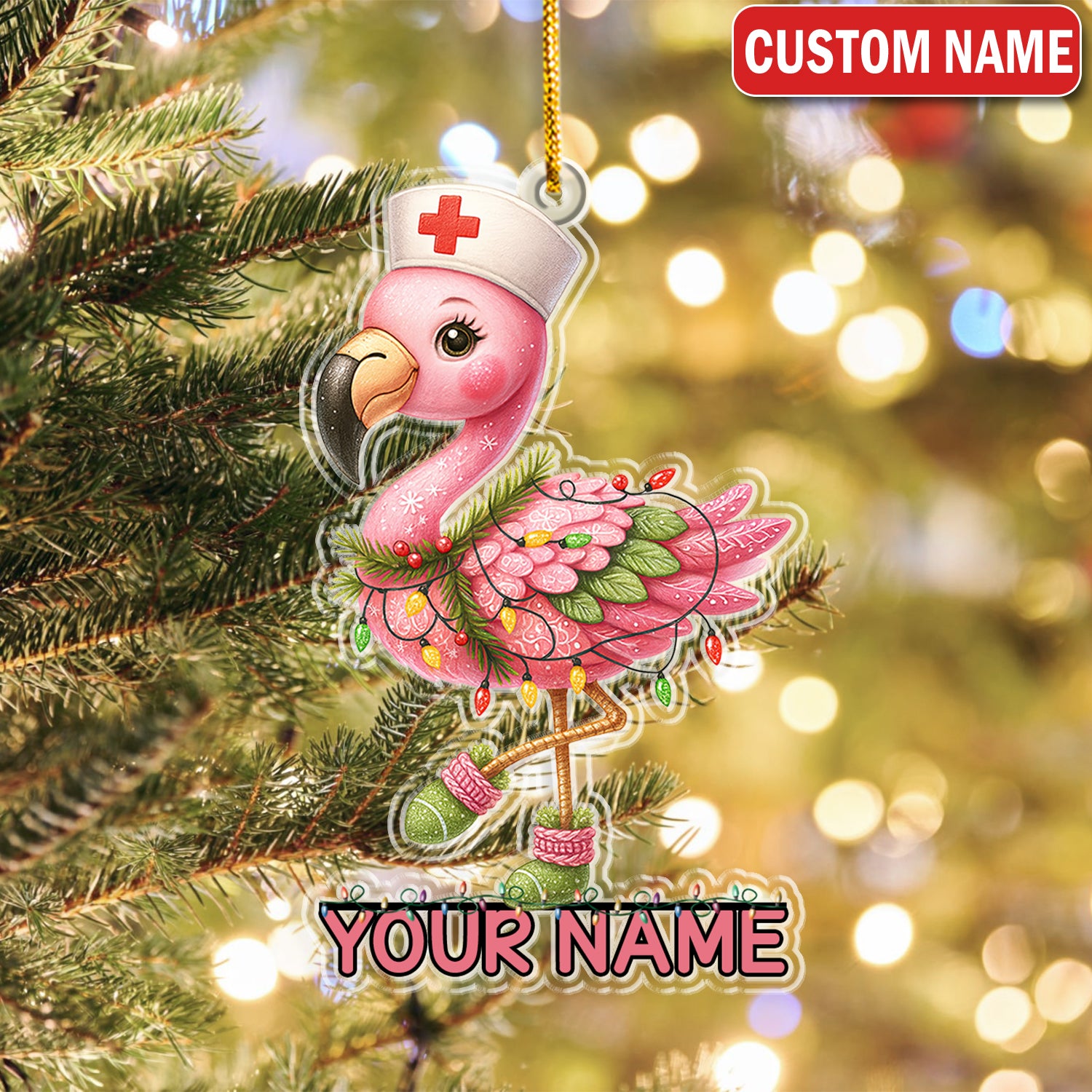 Personalized Flamingo Nurse Christmas Ornament - Cute Pink Nursing Gift for Women, Medical Staff, CNA LPN RN