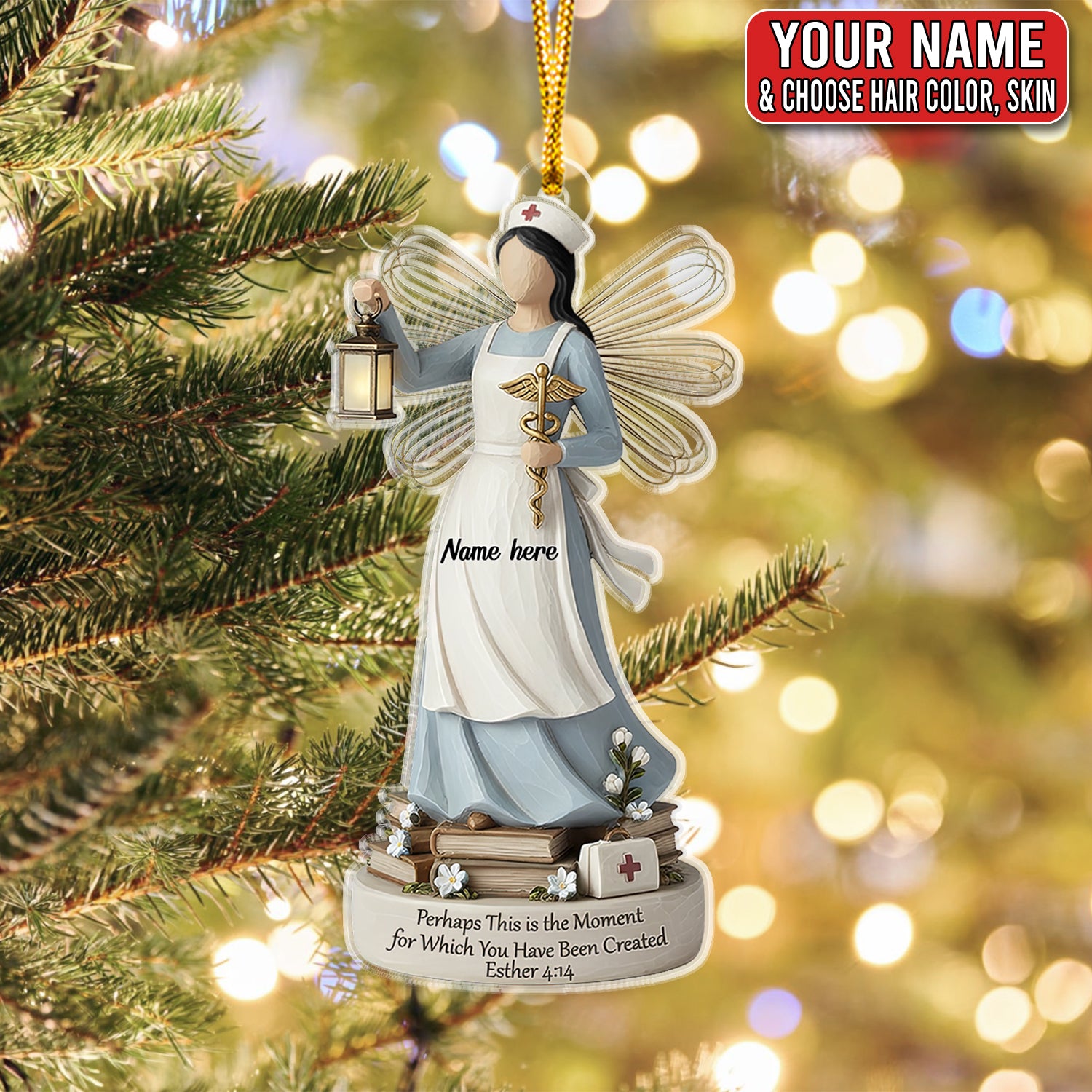 Personalized Nurse Angel Ornament, Custom Name Christian Esther 4:14 Scripture Gift, Healthcare Worker Christmas Tree Decor