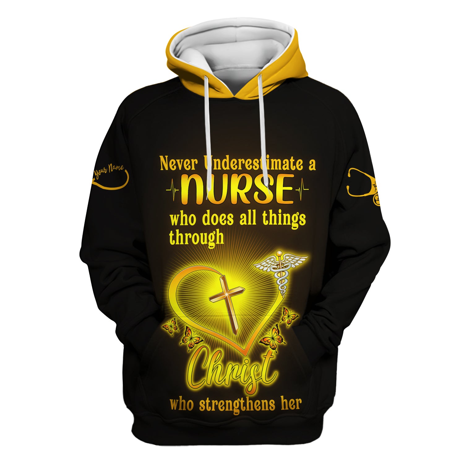 Personalized Christian Nurse Shirt for Women - All Things Through Christ with Cross & Butterflies - Custom Gift for RN LPN CNA Caregivers