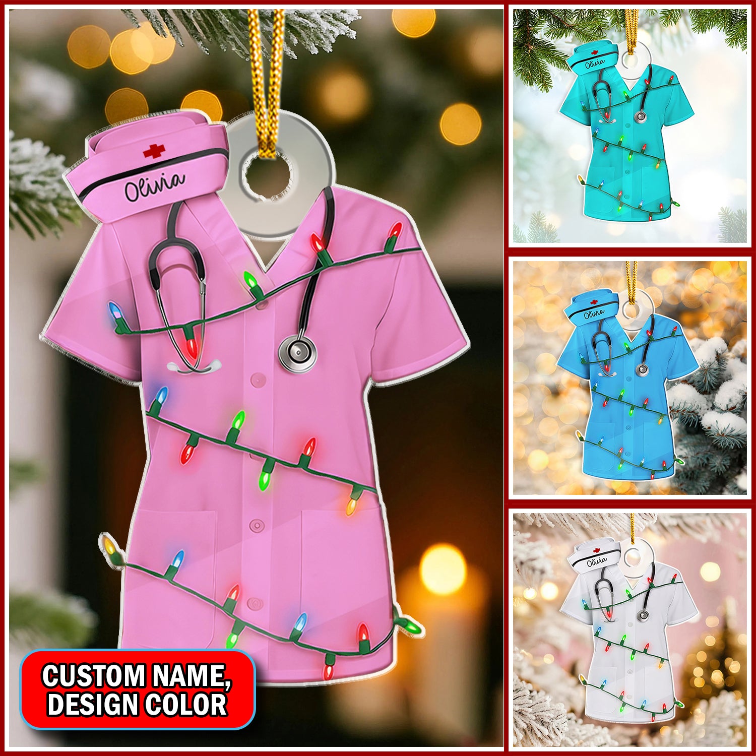 Personalized Nurse Scrub Ornament – Custom Name and Color – Funny Christmas Medical Gift for Healthcare Workers and Nurses