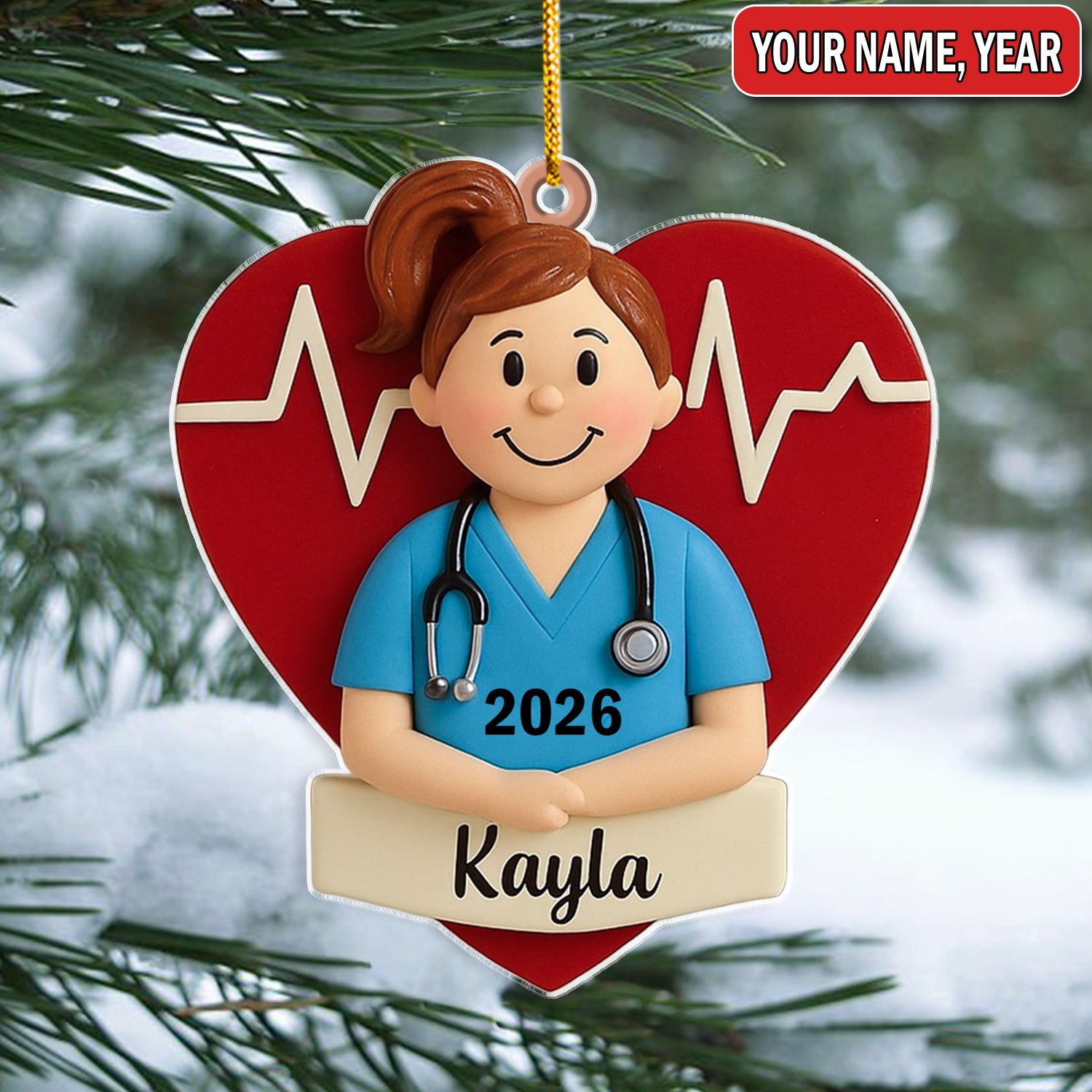 Personalized Nurse Graduate Christmas Ornament – Custom Name Heartbeat Scrub Girl Decor – Cute Healthcare Worker Holiday Gift