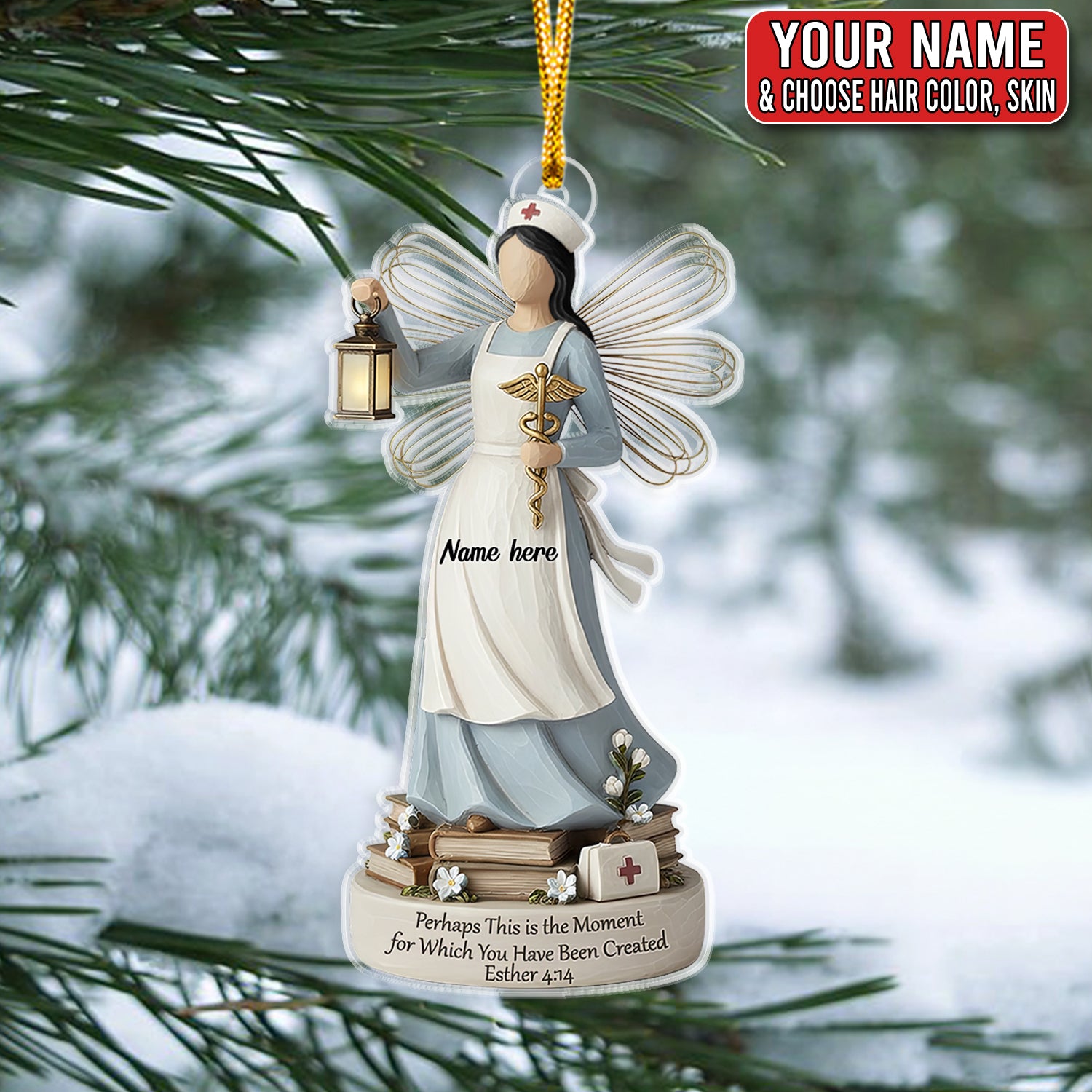 Personalized Nurse Angel Ornament, Custom Name Christian Esther 4:14 Scripture Gift, Healthcare Worker Christmas Tree Decor