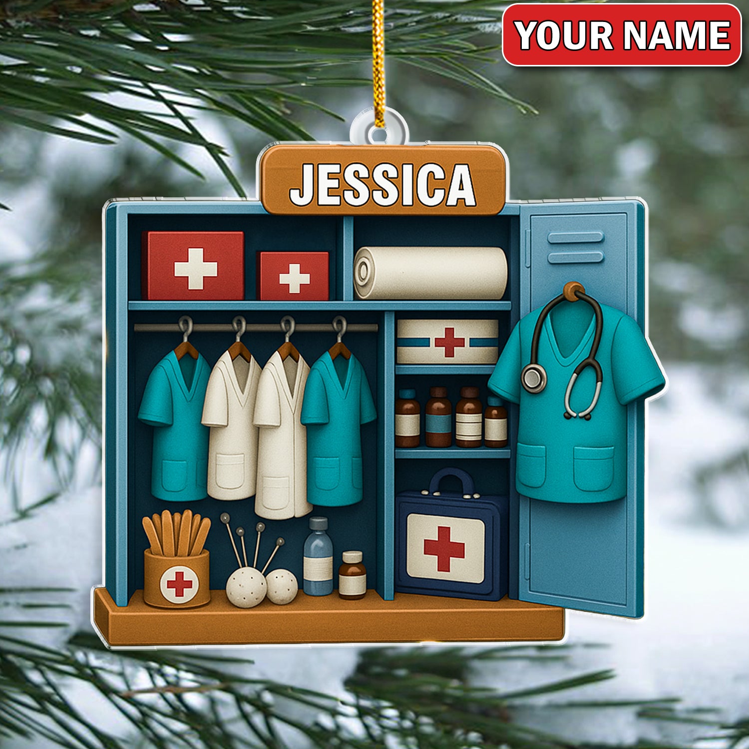 Personalized Nurse Locker Christmas Ornament – Custom Name Medical Scrubs & First Aid Cabinet Holiday Decor – Cute Doctor Ornament for Healthcare Workers