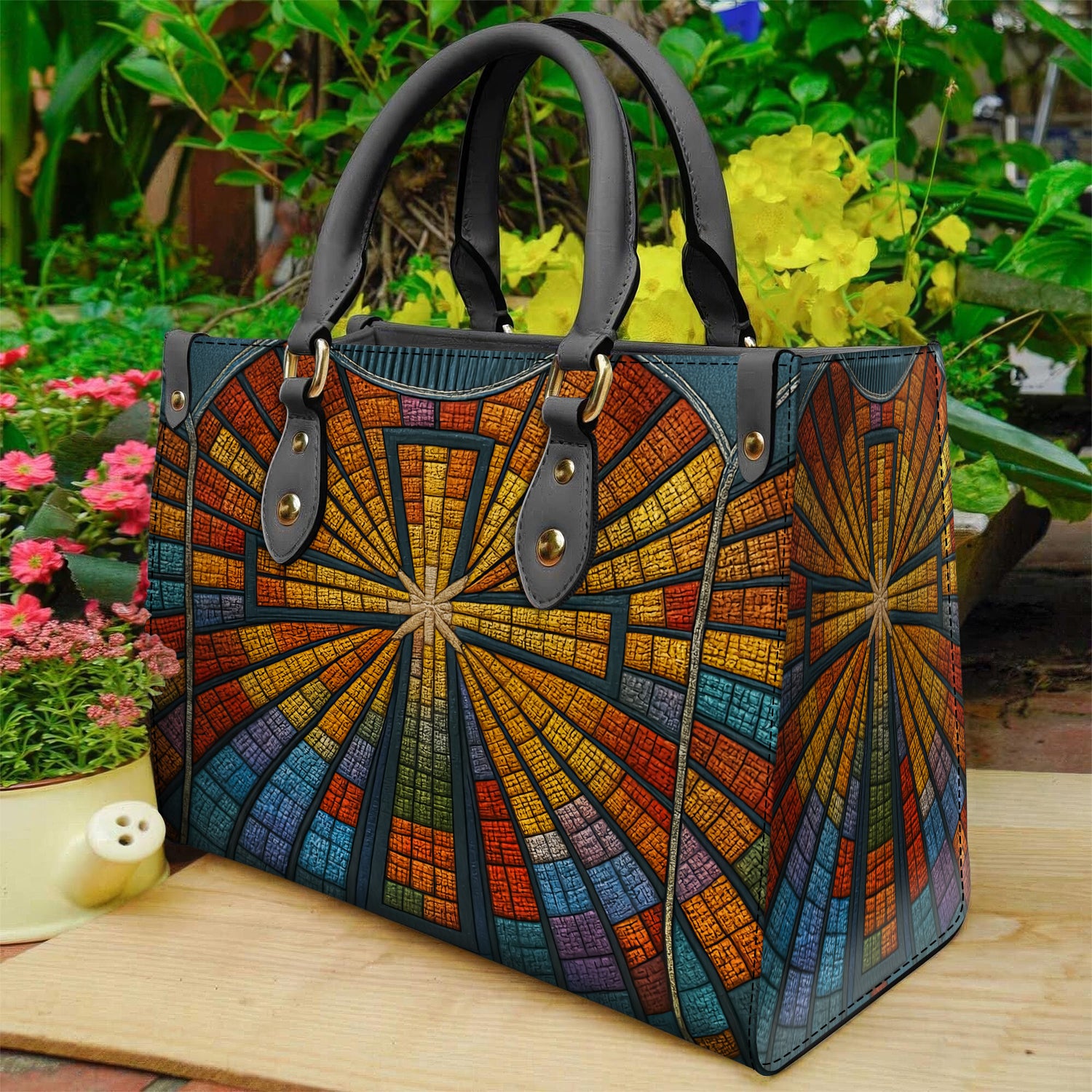 Stained Glass Cross Handbag for Women, Christian Tote Purse with Colorful Church Window Design, Religious Faith Bag Gift